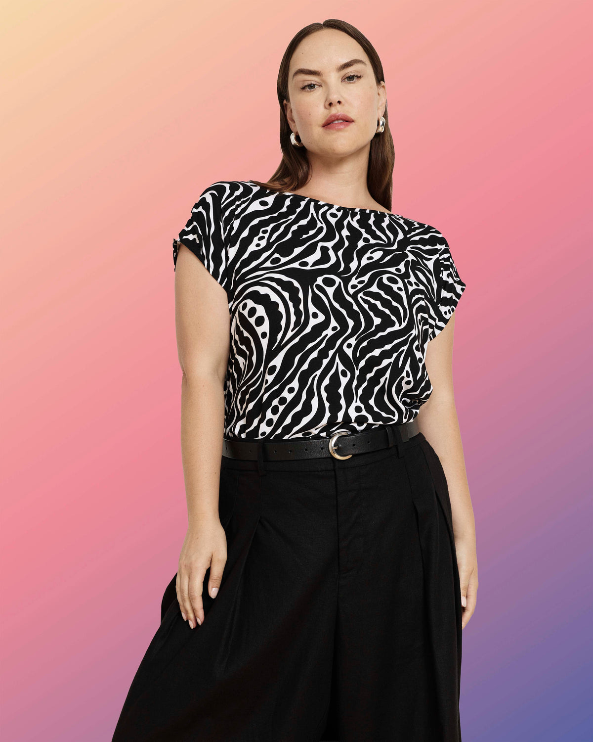 Heatwave Divine Jersey Flared Top - Black Bosco Print