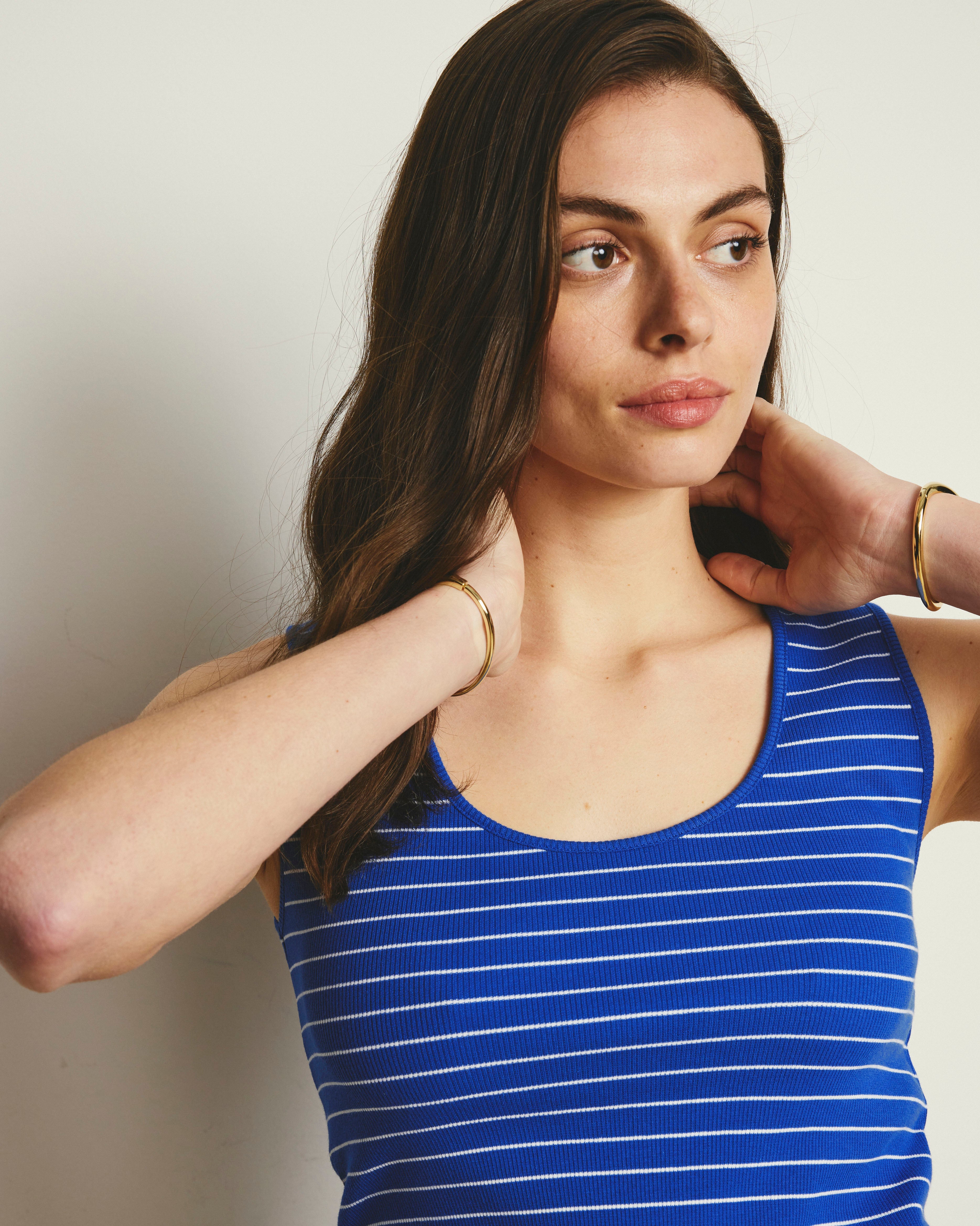 Daisy Ribbed Tank - Bright Blue/White Microstripe