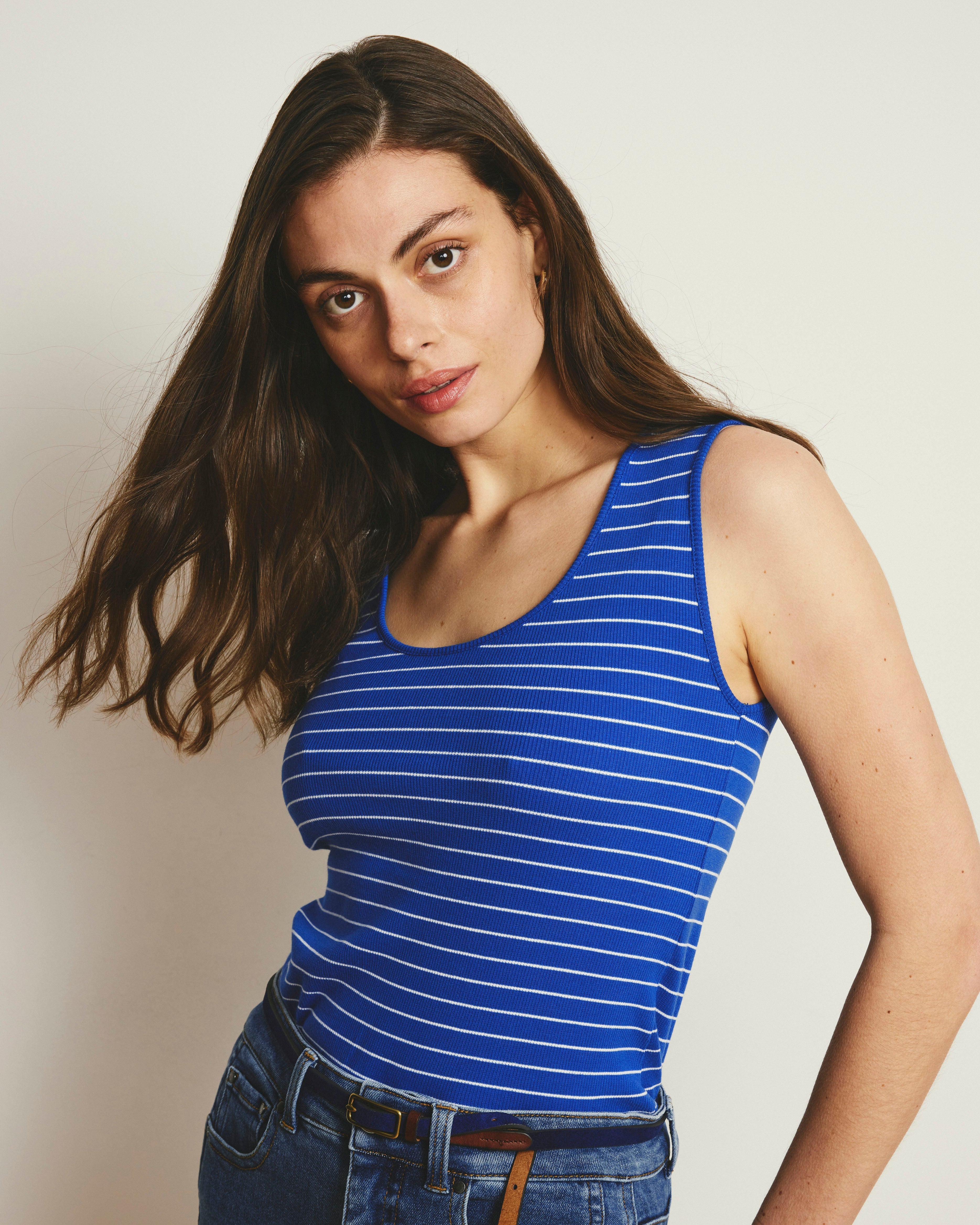 Daisy Ribbed Tank - Bright Blue/White Microstripe