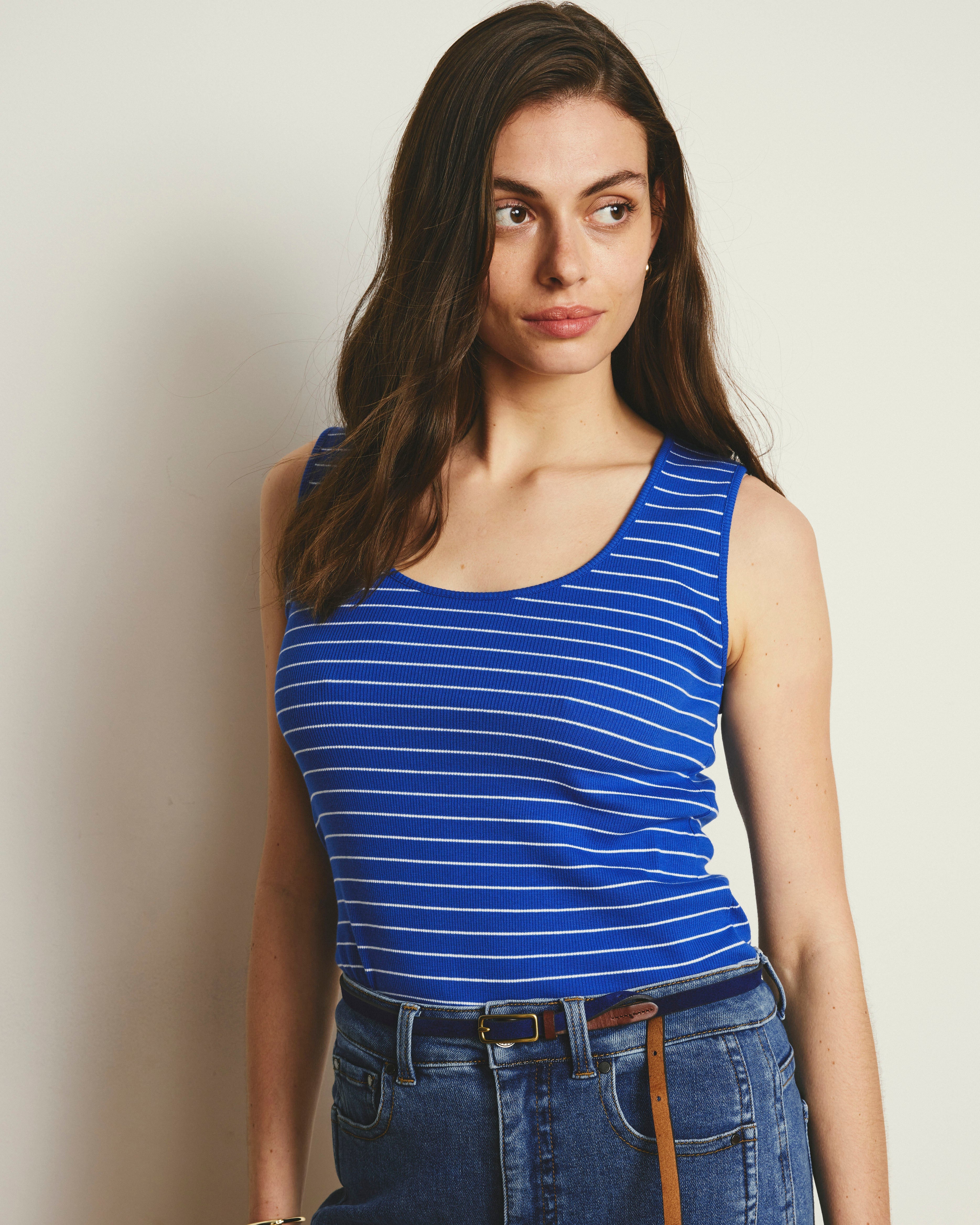 Daisy Ribbed Tank - Bright Blue/White Microstripe