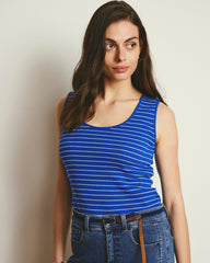 Daisy Ribbed Tank - Bright Blue/White Microstripe