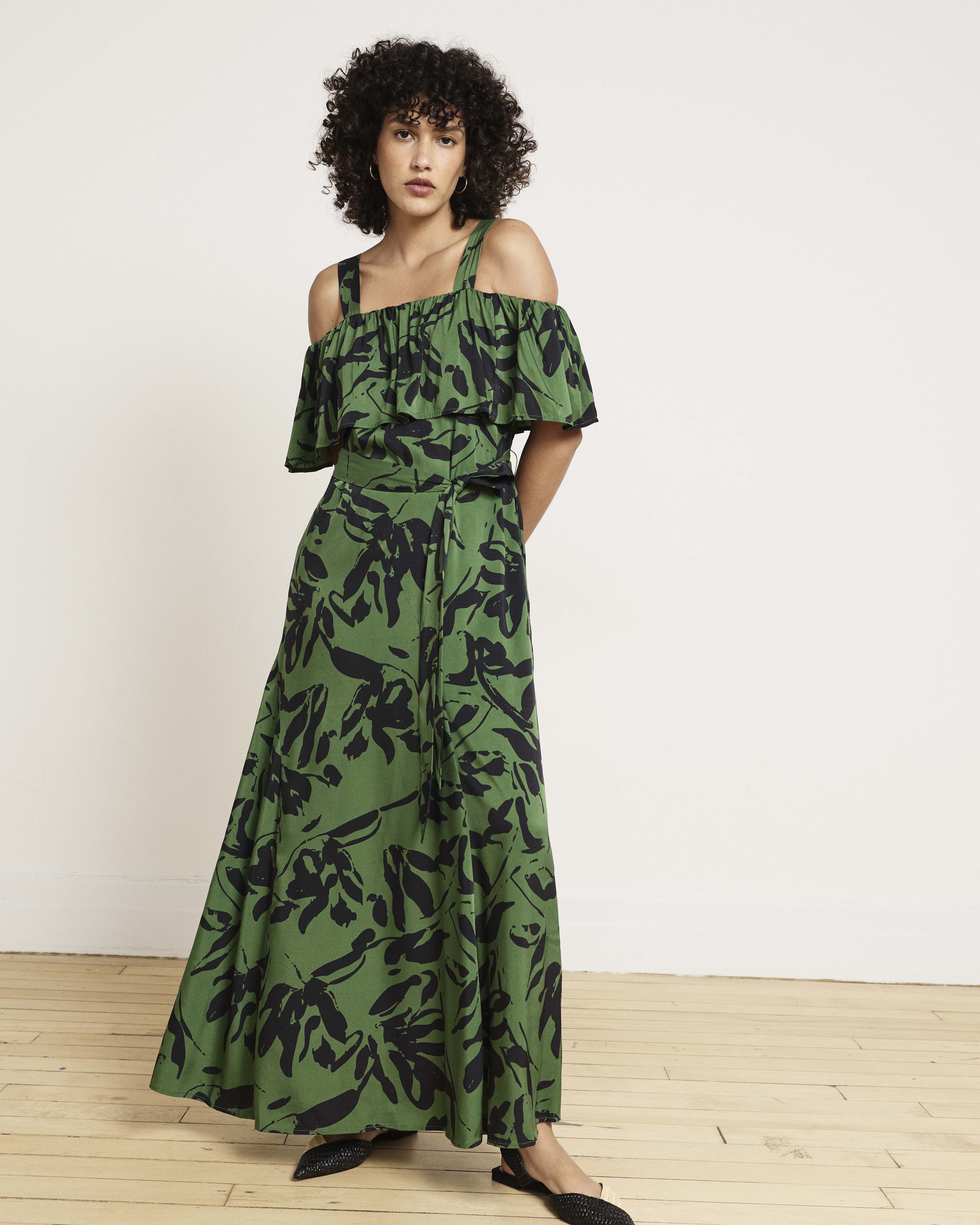 Lisbon Convertible Stretch Cupro Maxi Dress - Green Sgraffito Print