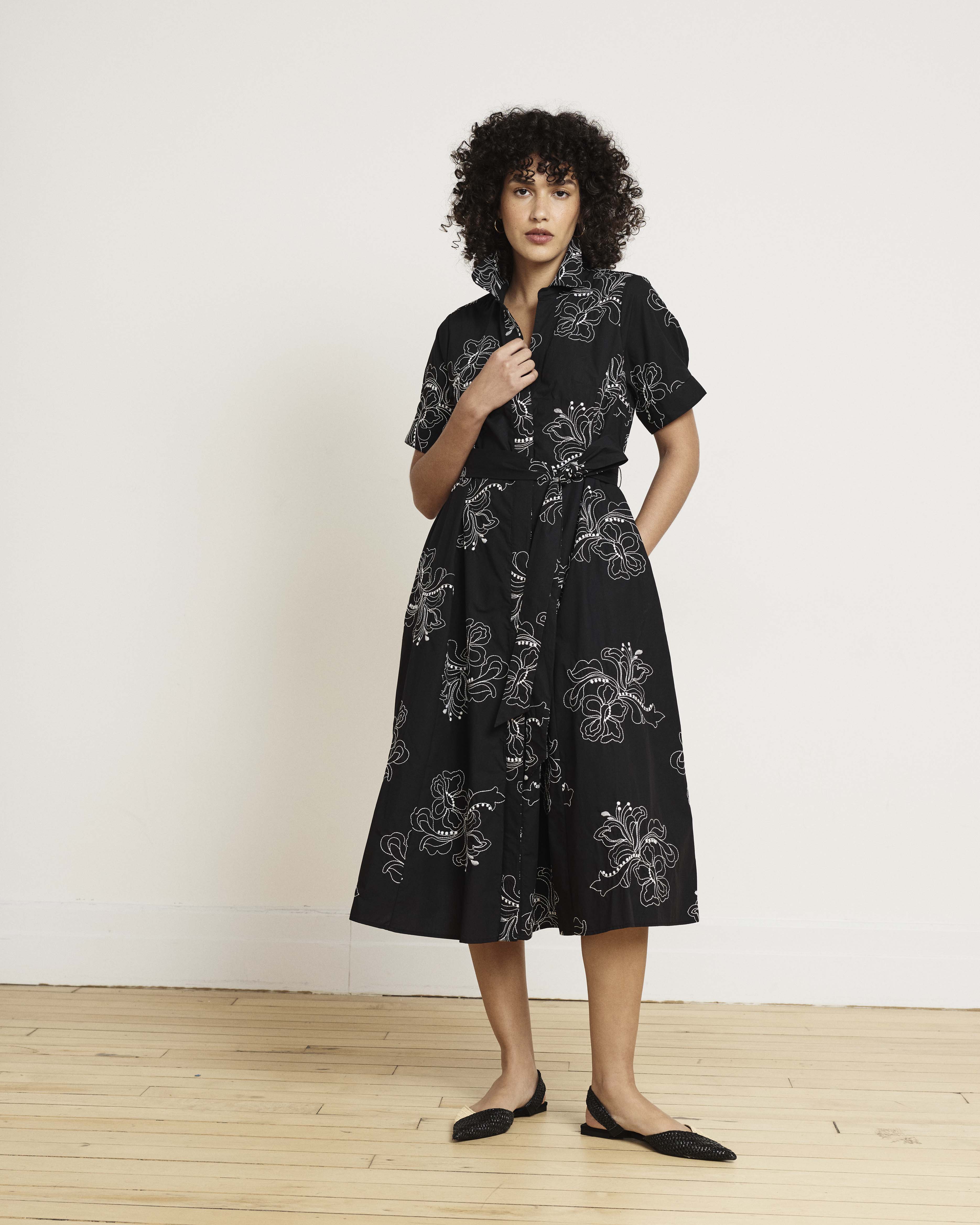 Tina Cotton Poplin Shirtdress - Hibiscus Embroidery