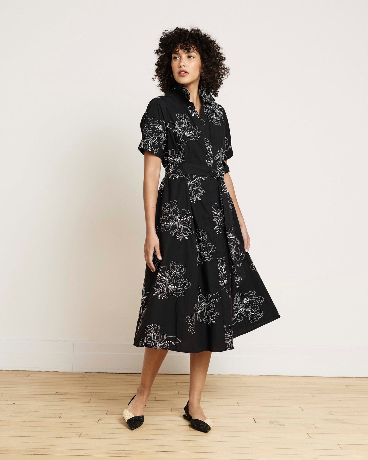 Tina Cotton Poplin Shirtdress - Hibiscus Embroidery