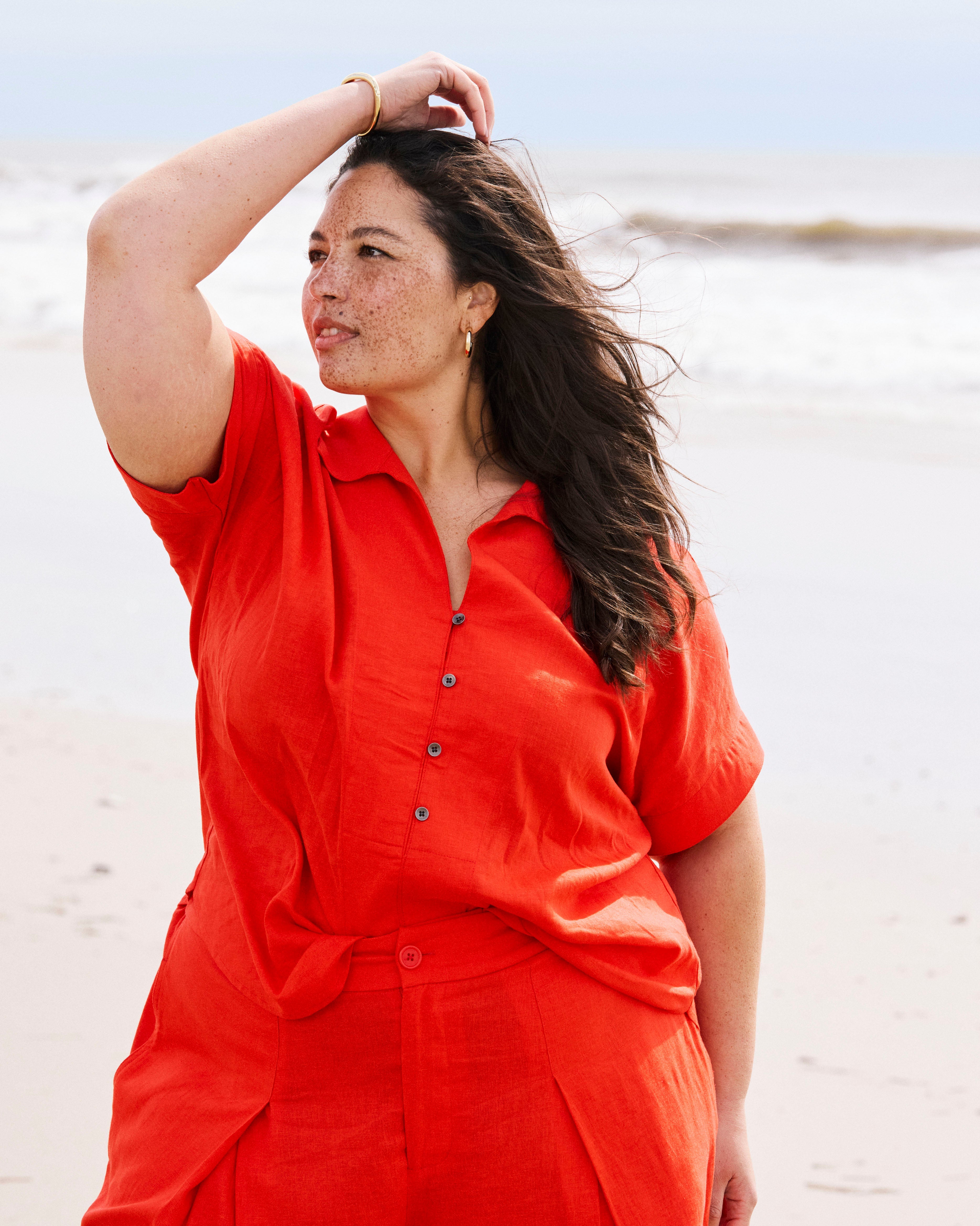 Sandy Short Sleeve Stretch Linen Blend Shirt - Shoreline Sunset