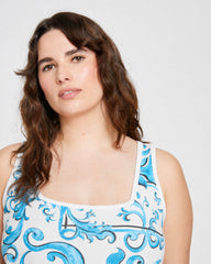 Square Neck Tank Top - Blue Majolica Print
