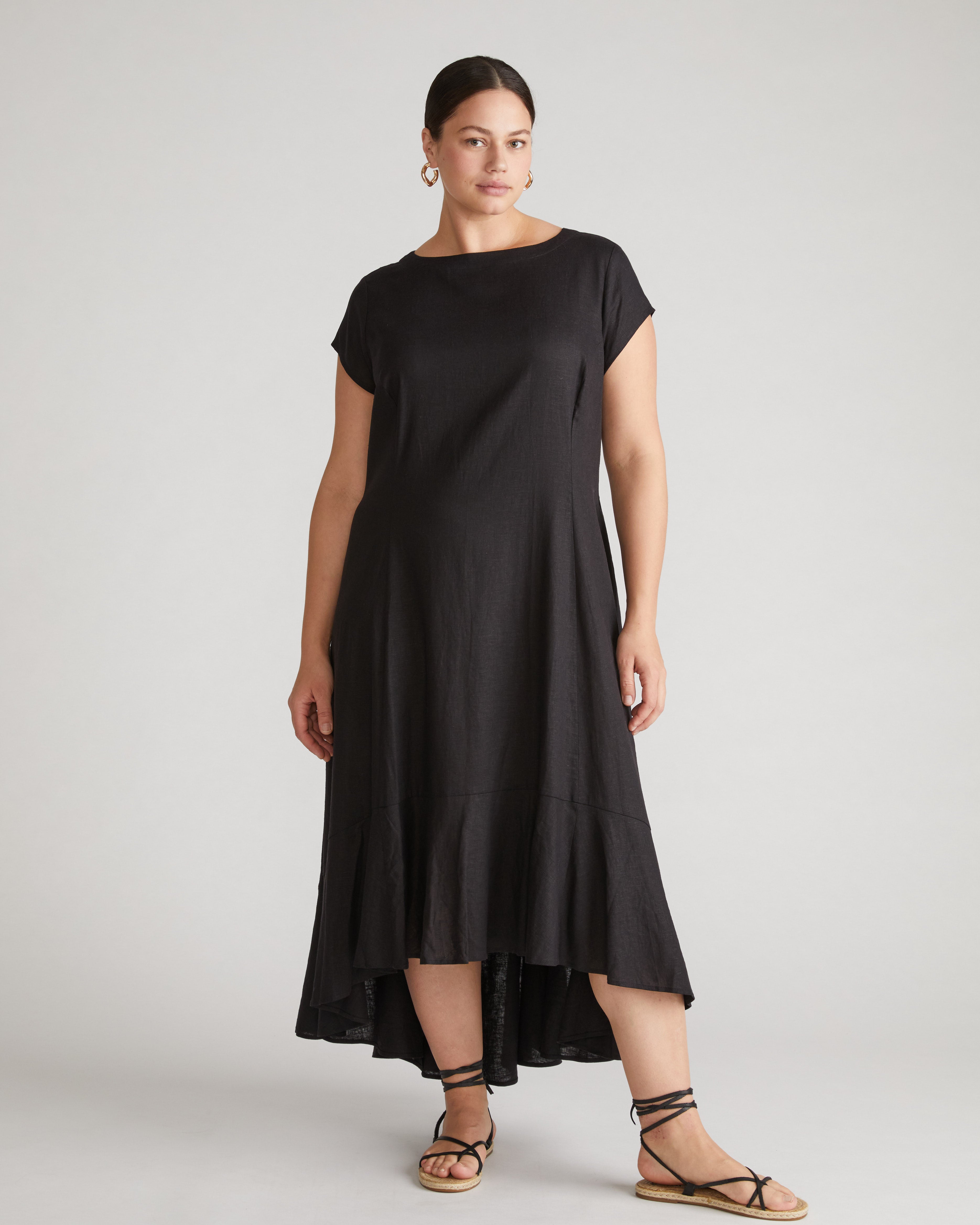 Sunset Linen Blend Flounce Dress - Black