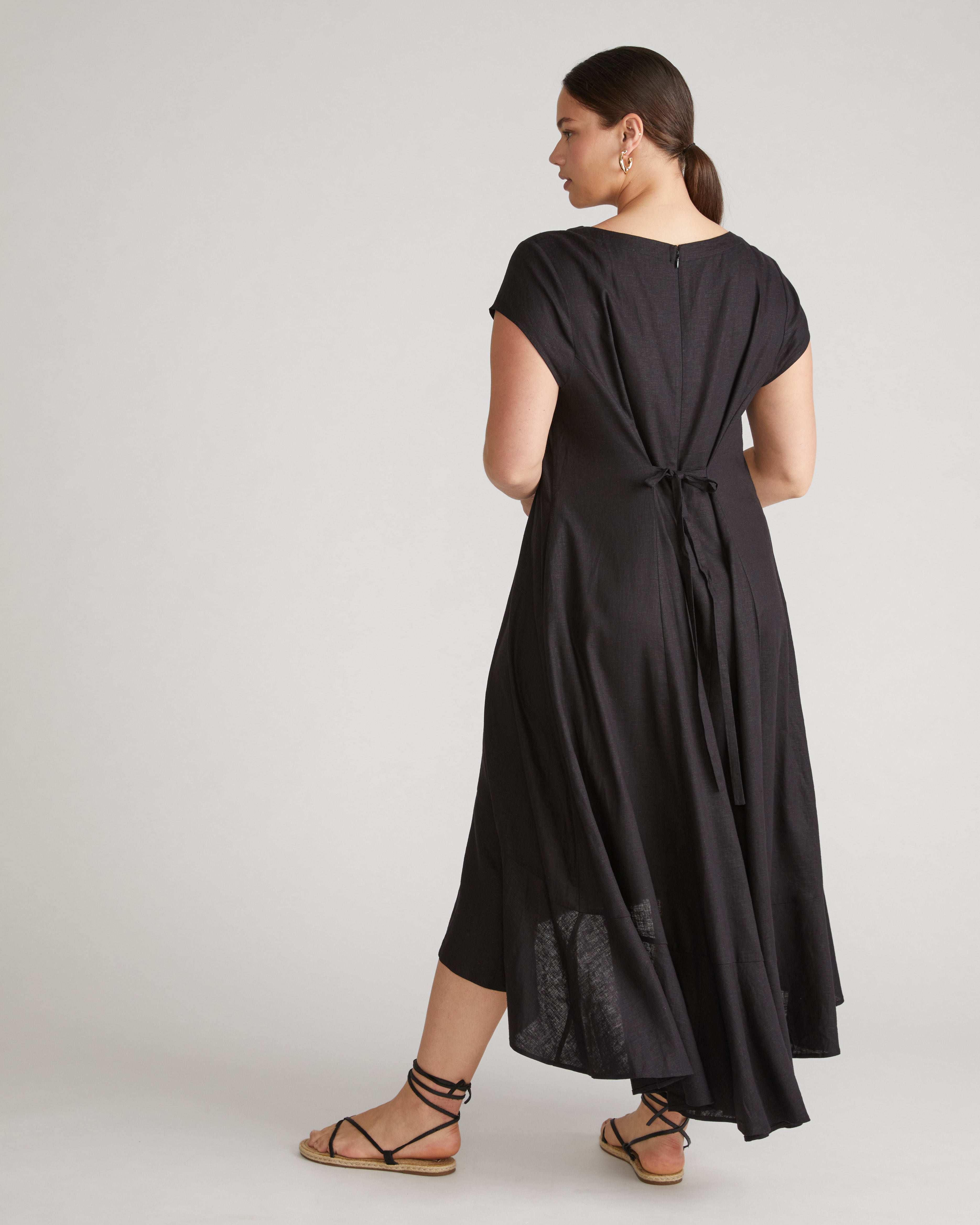 Sunset Linen Blend Flounce Dress - Black
