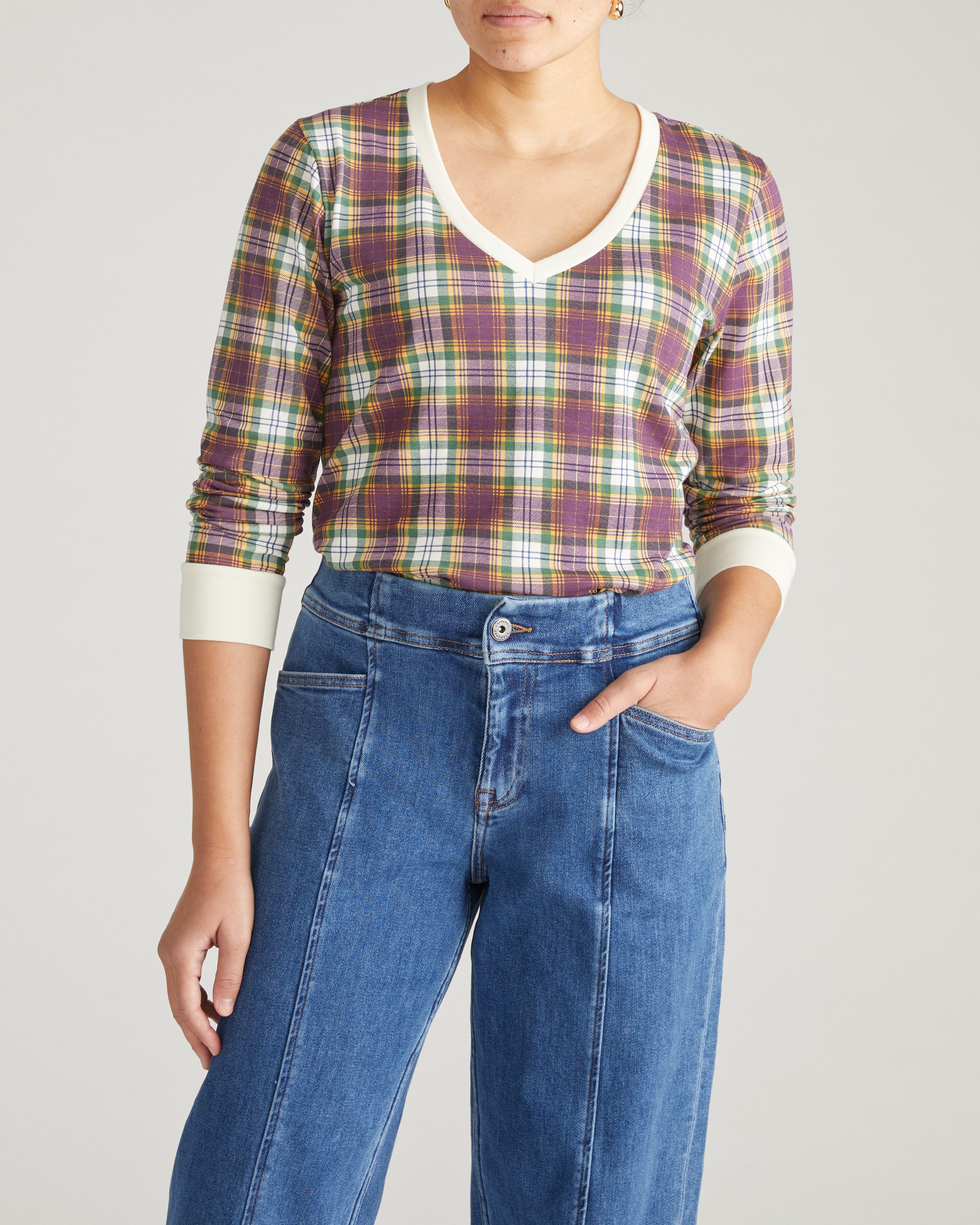 Long Sleeve V Rex - Purple Plaid
