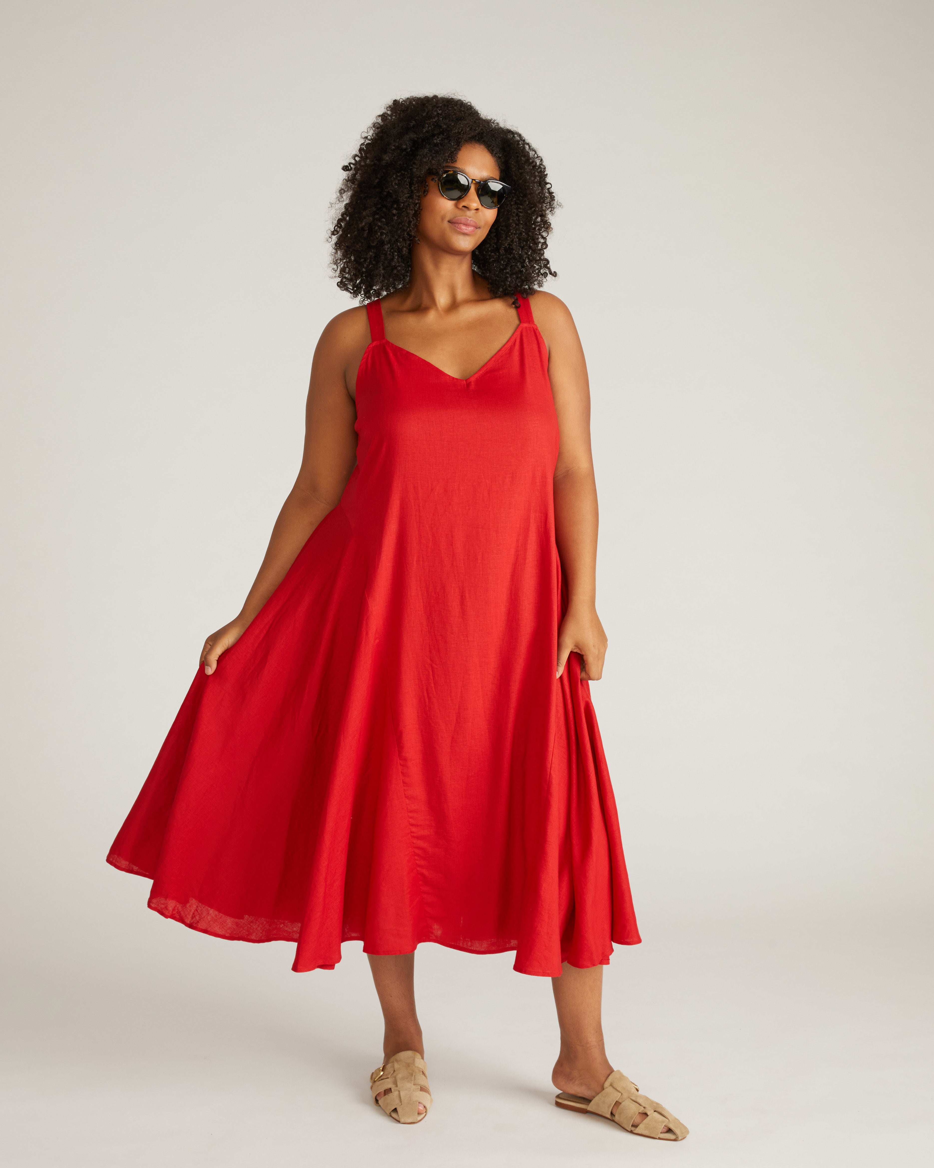 Sunshower Flowy Linen Blend Dress - Ruby Red