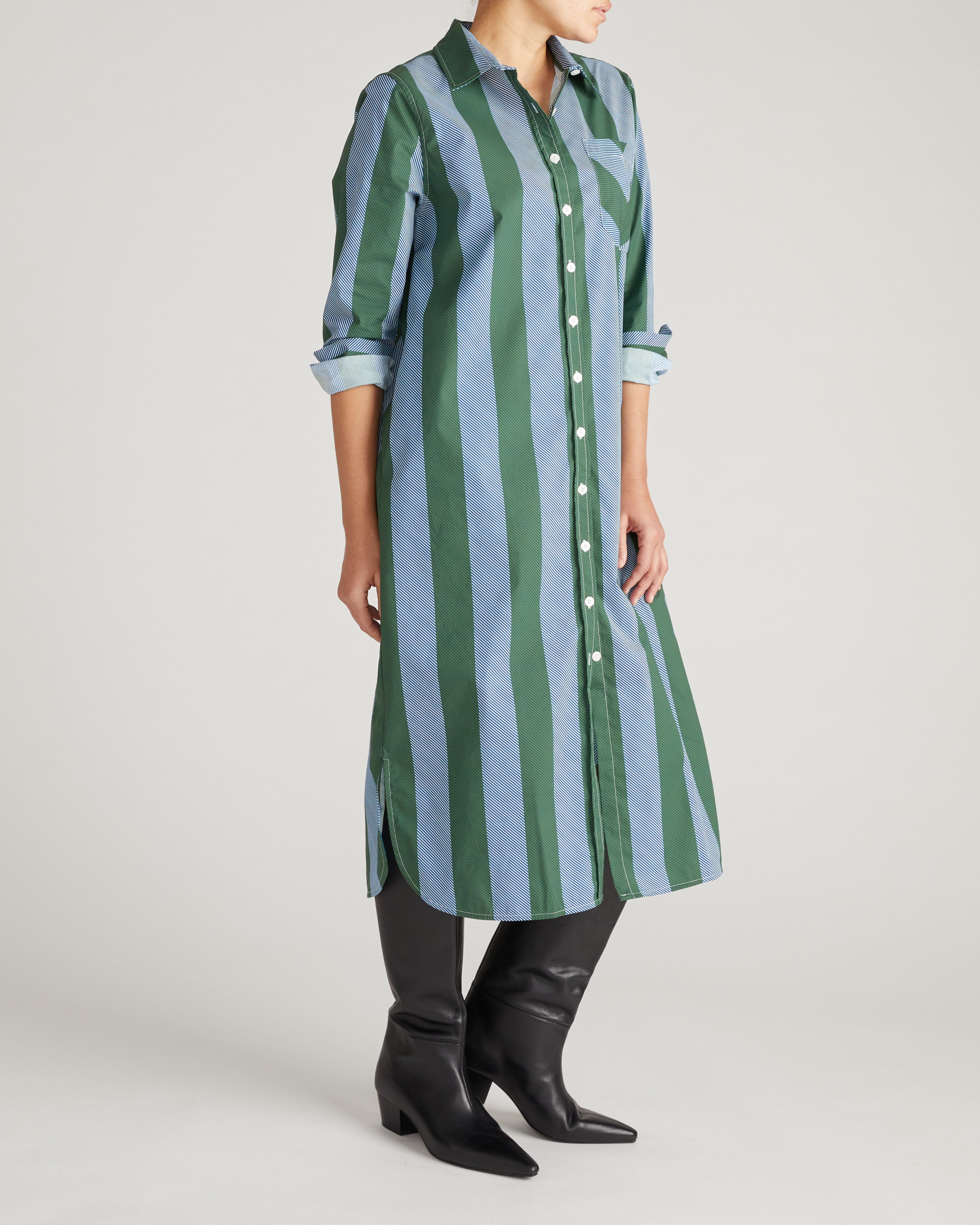 Odeon Stretch Poplin Shirtdress - Green/Blue Directional Stripe