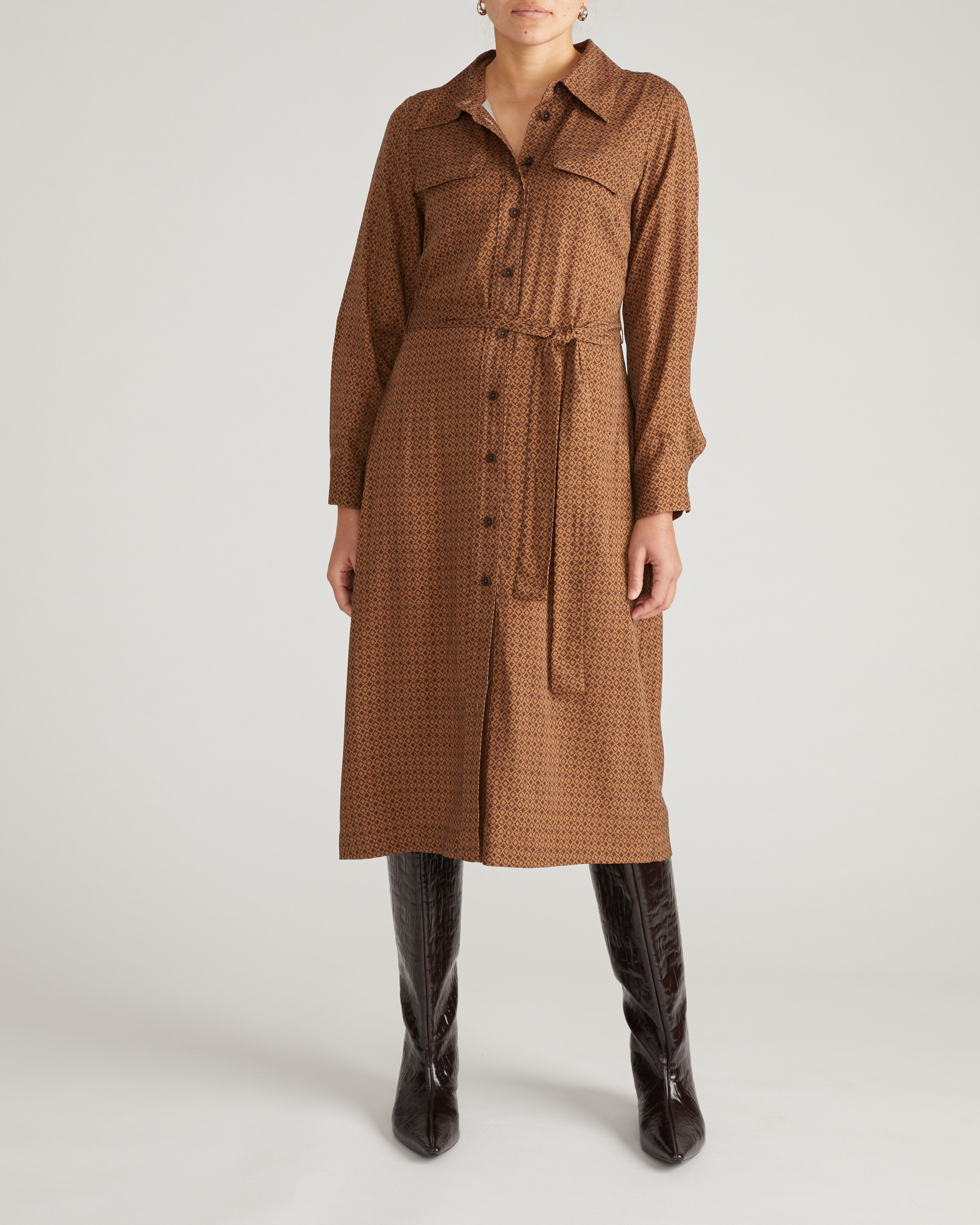Cooling Stretch Cupro Savannah Dress - Brown Hacienda Print