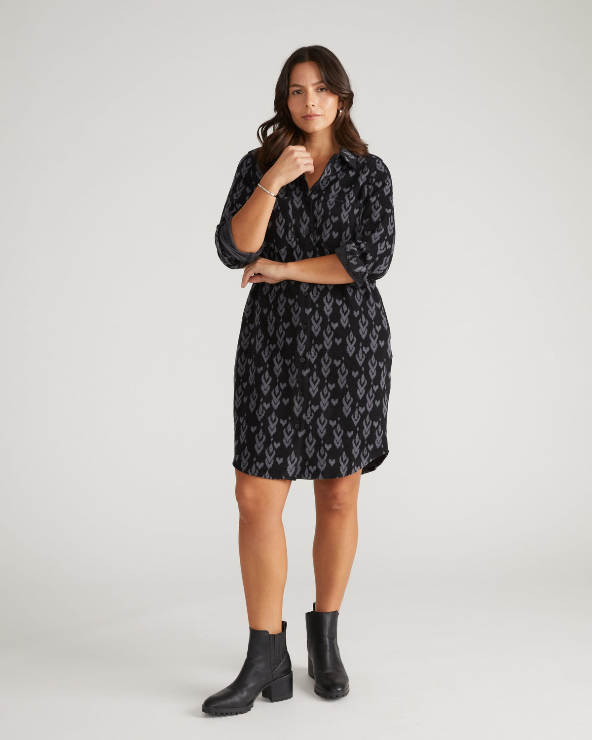 Maine Stretch Flannel Shirtdress - Indigo Ikat Arrow