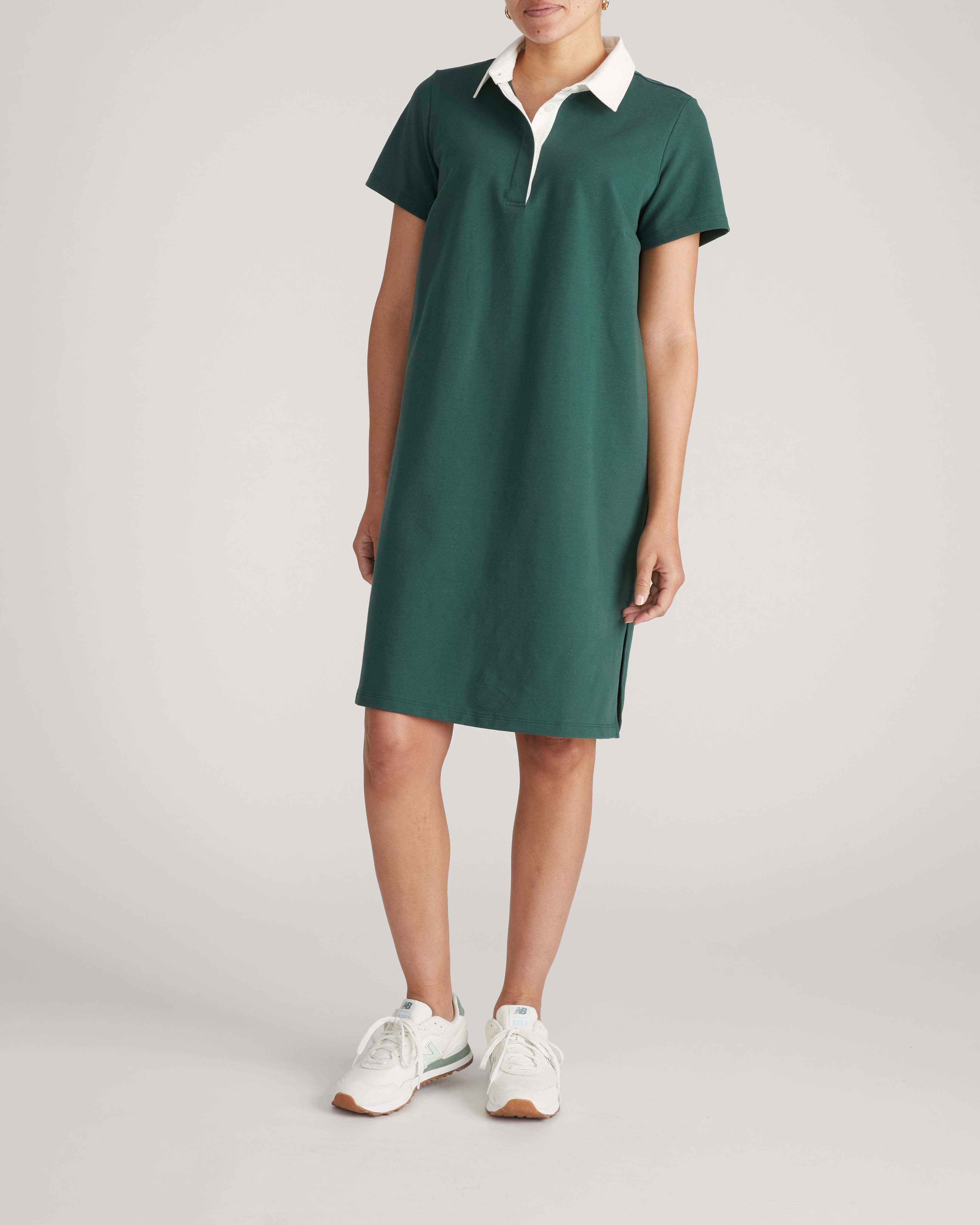 Varsity French Terry Polo Dress - Forest Green/White