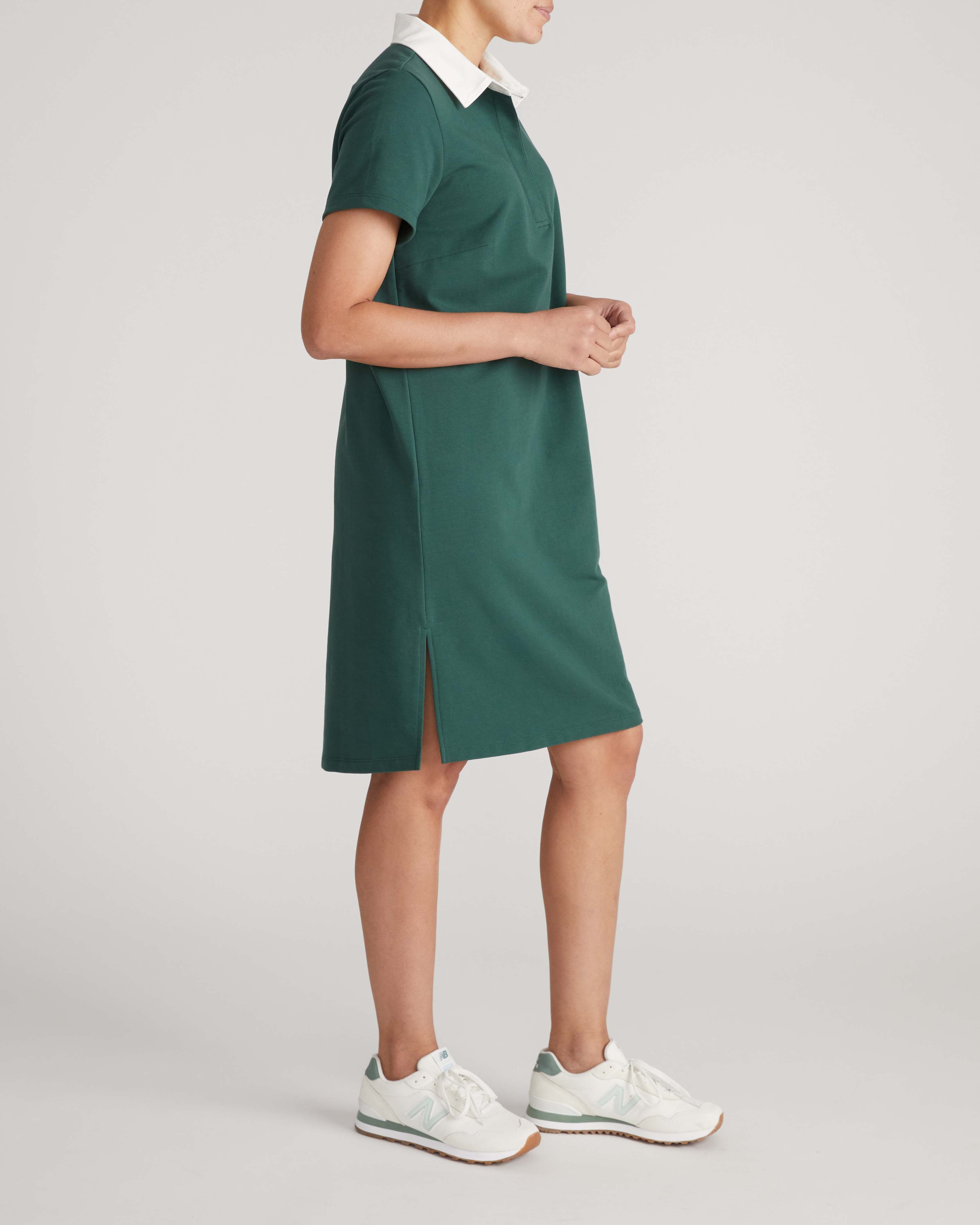 Varsity French Terry Polo Dress - Forest Green/White