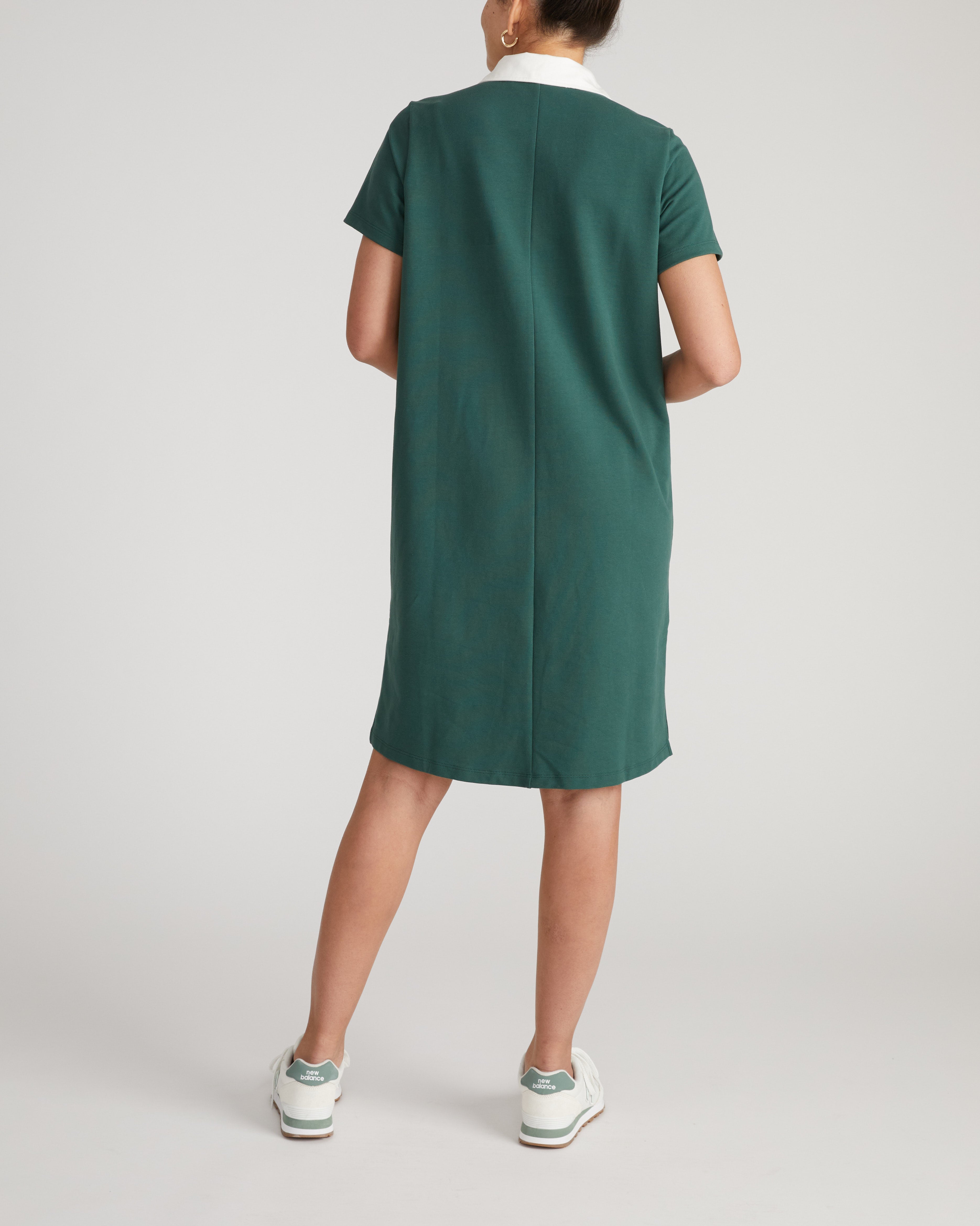 Varsity French Terry Polo Dress - Forest Green/White