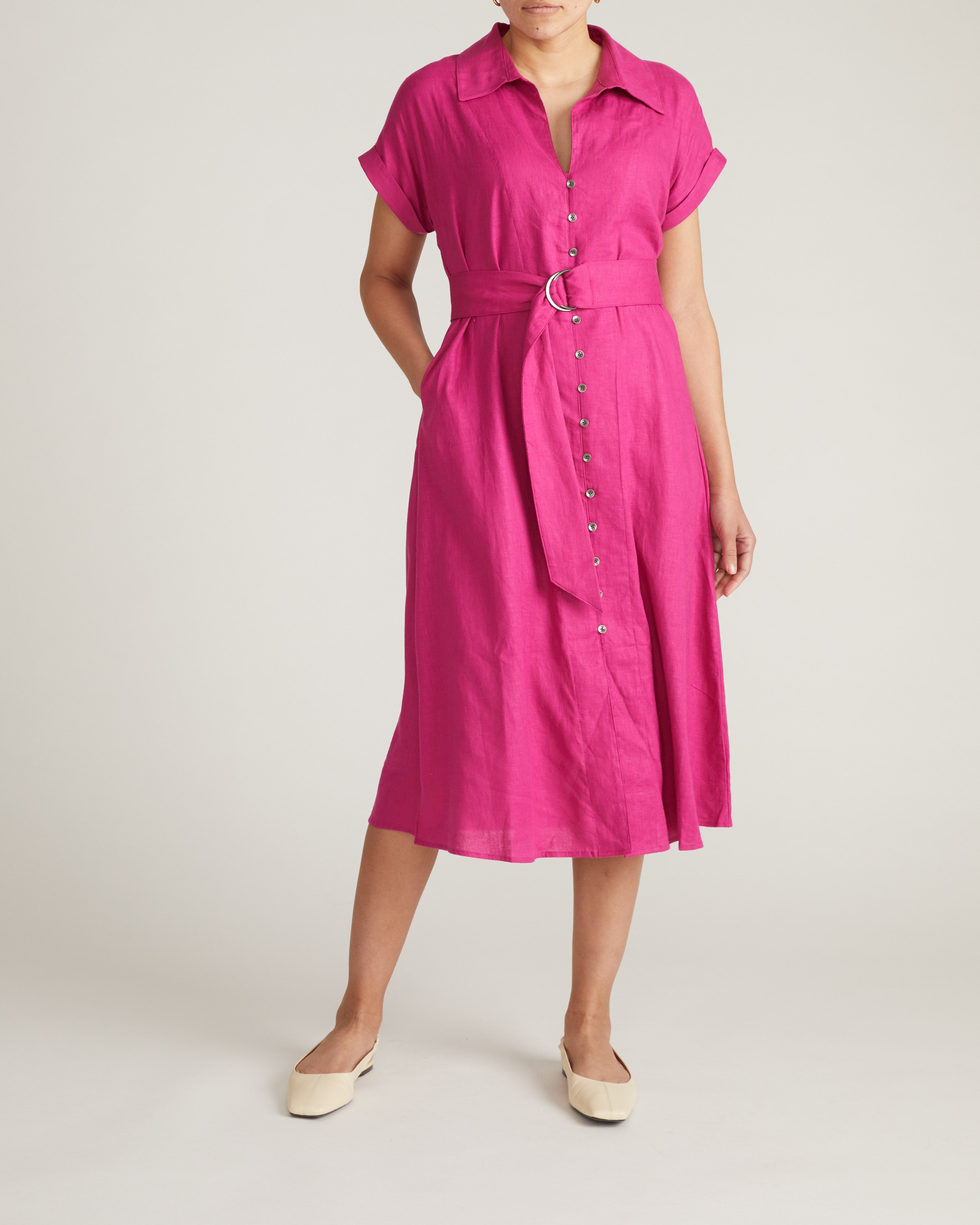 Sandy Stretch Linen Blend Shirtdress - Hyper Pink