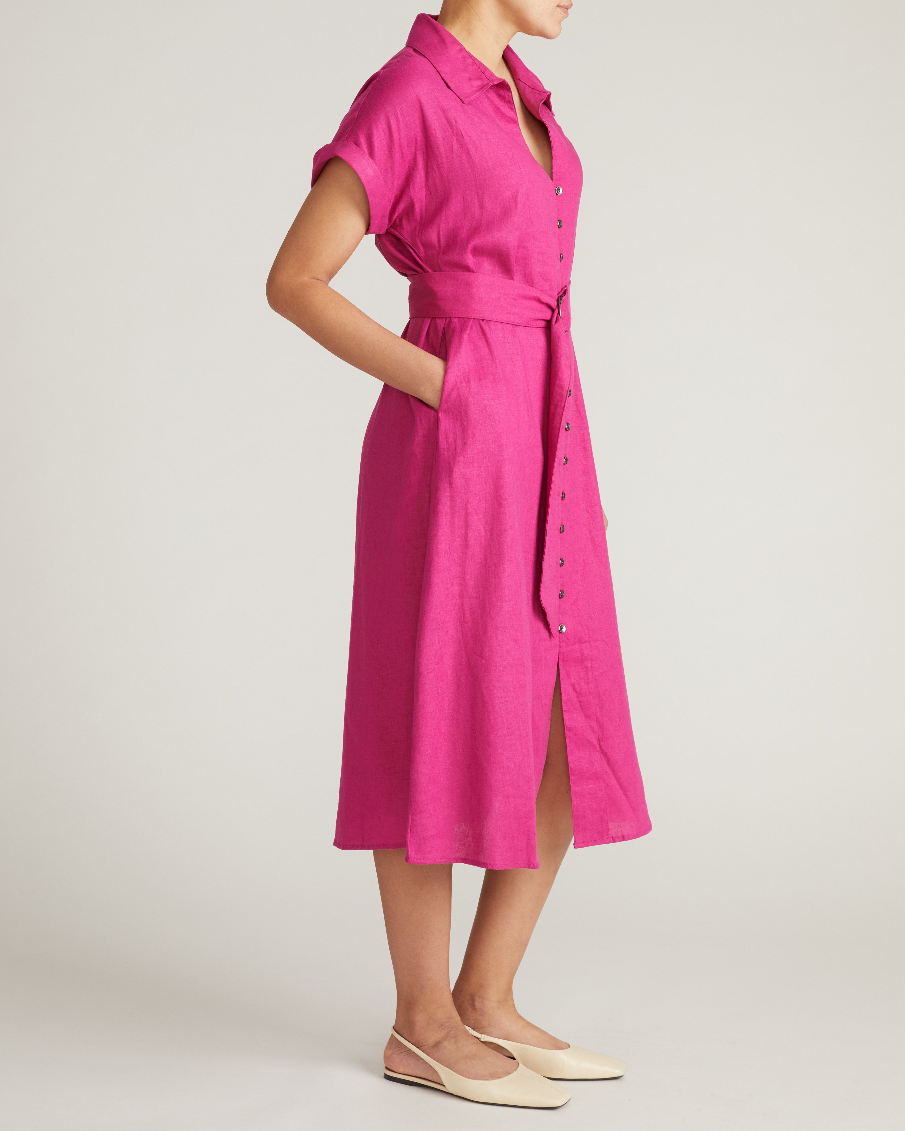 Sandy Stretch Linen Blend Shirtdress - Hyper Pink