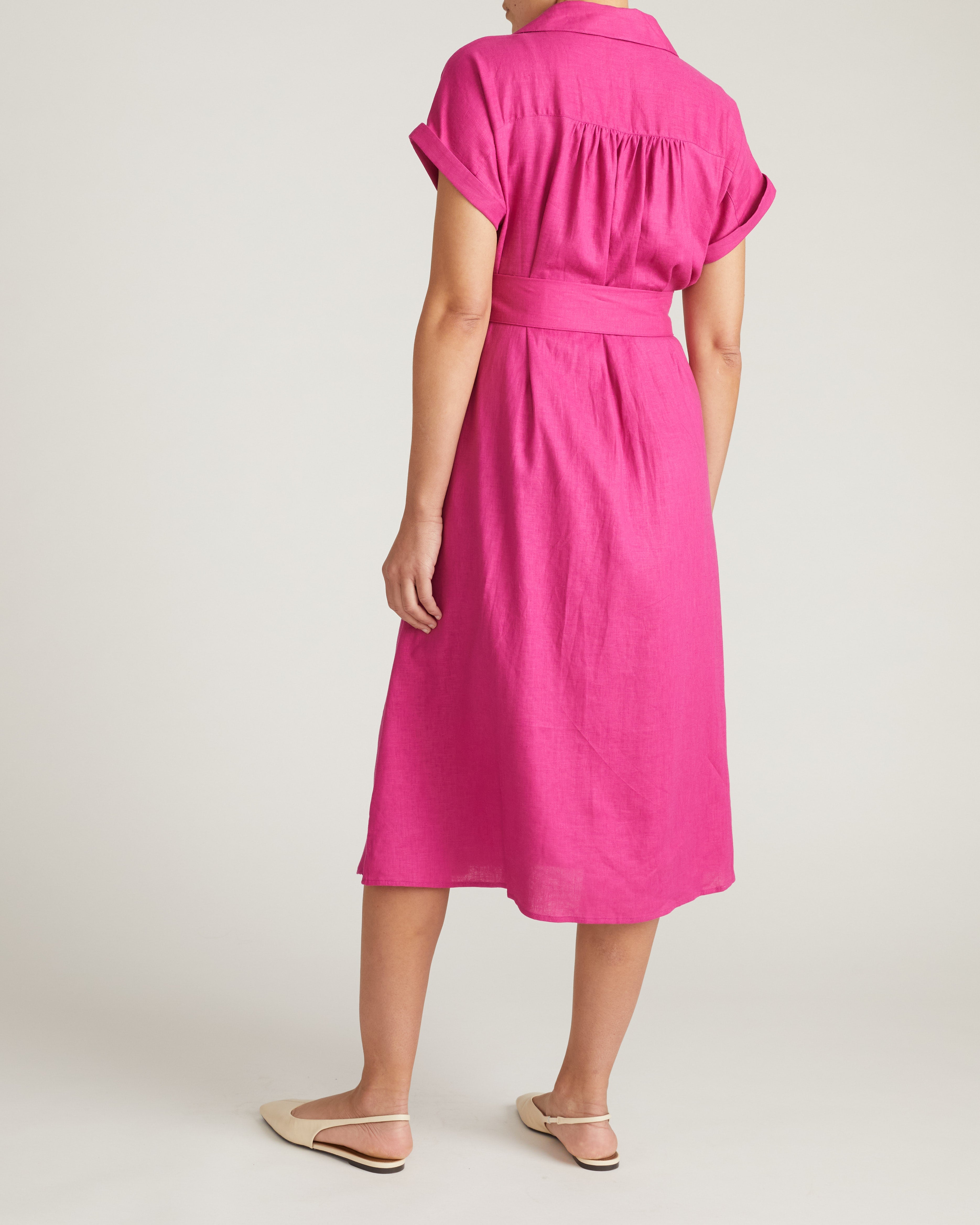 Sandy Stretch Linen Blend Shirtdress - Hyper Pink