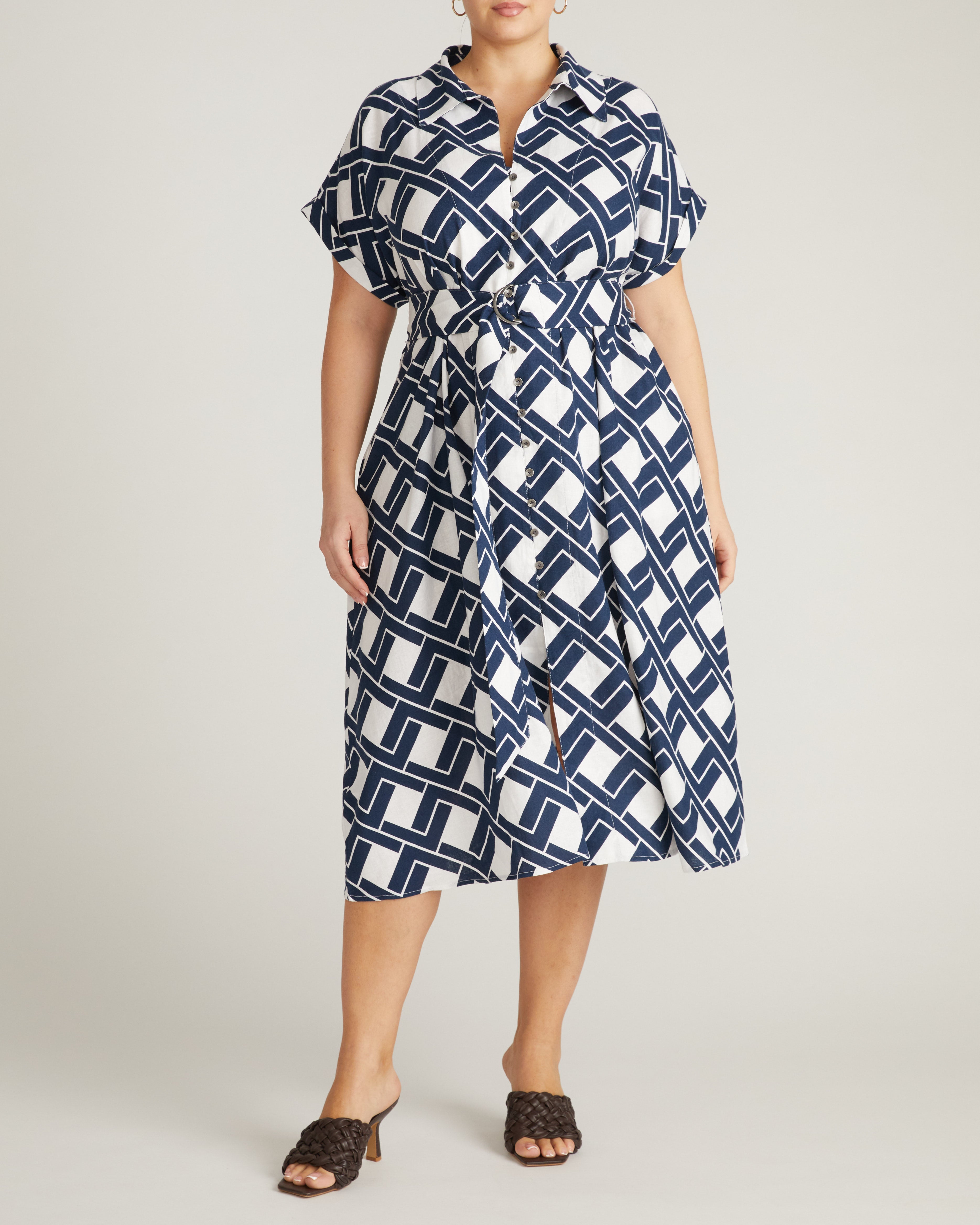 Sandy Stretch Linen Blend Shirtdress - Geometrica Print
