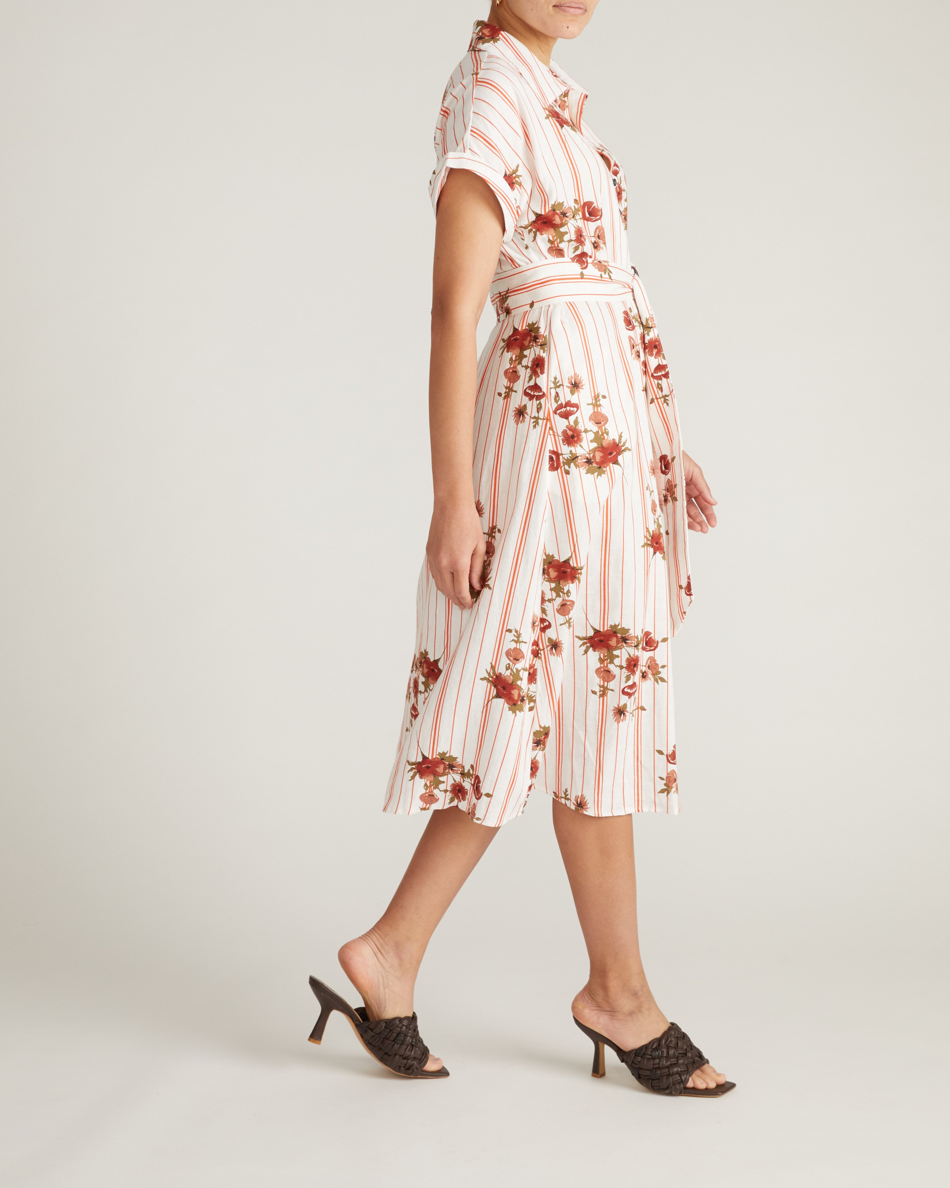 Sandy Stretch Linen Blend Shirtdress - Wild Flower Bouquet Print on Stripes