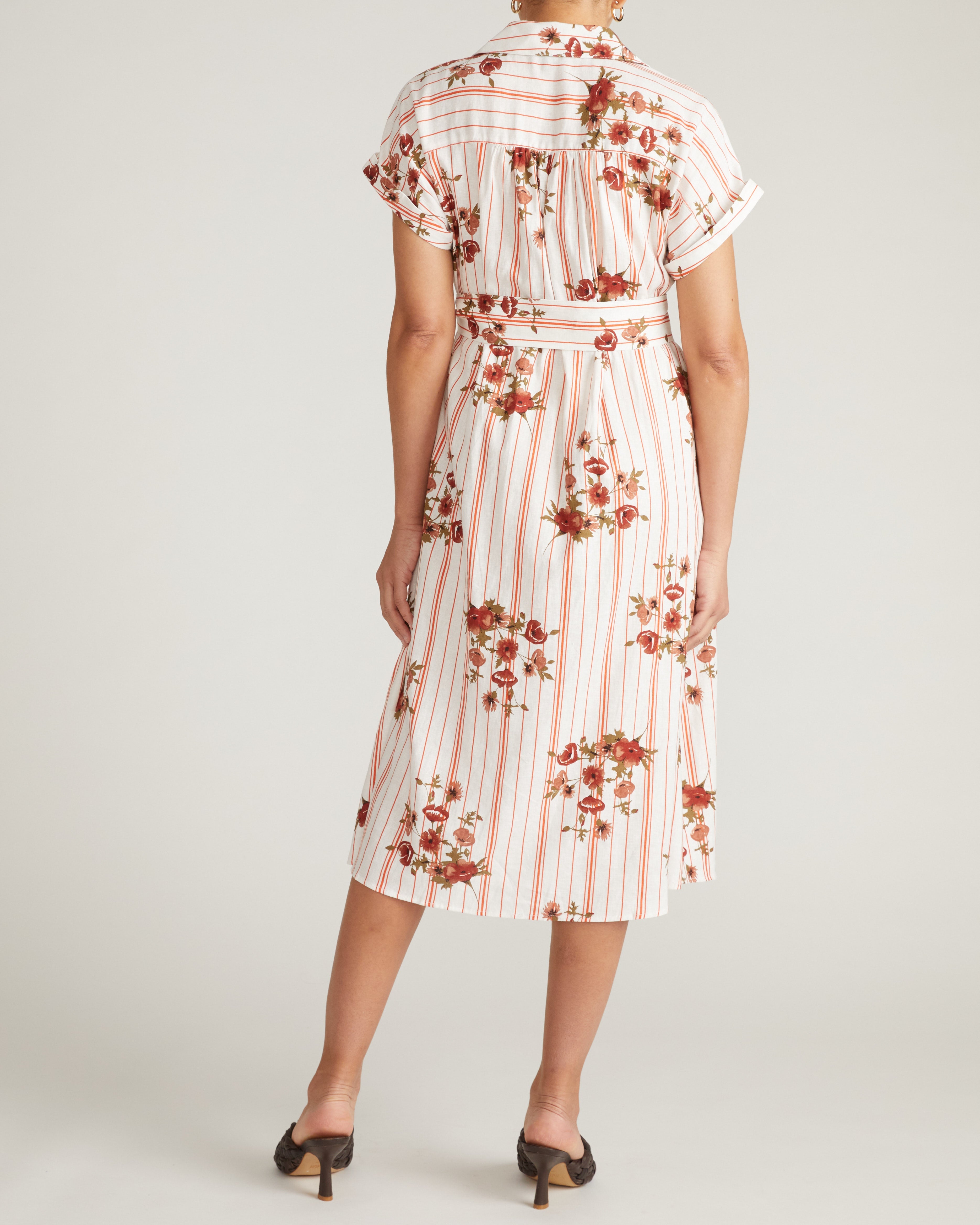 Sandy Stretch Linen Blend Shirtdress - Wild Flower Bouquet Print on Stripes