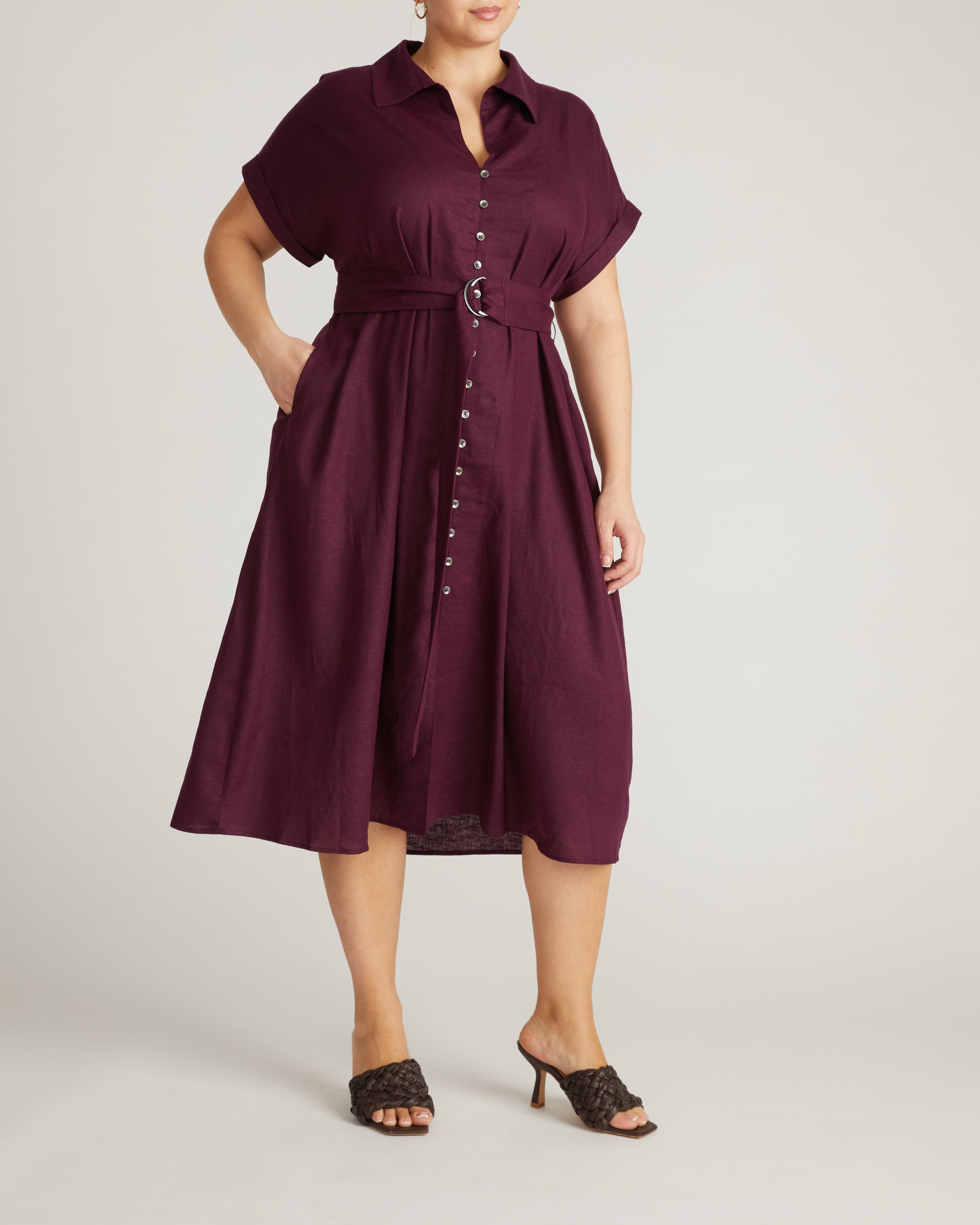 Sandy Stretch Linen Blend Shirtdress - Acai
