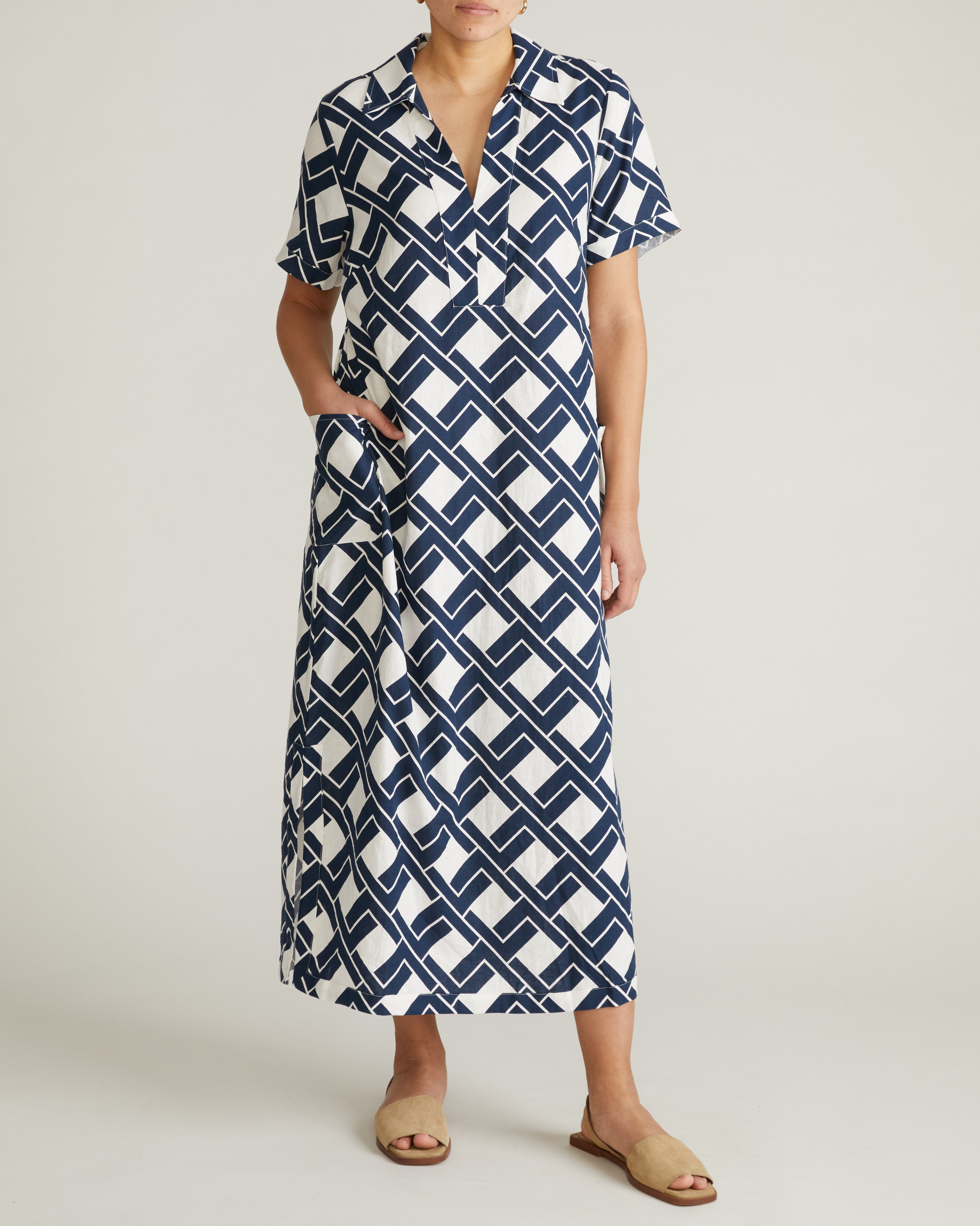 Padma Polo Neck Linen Blend Dress - Geometrica Print