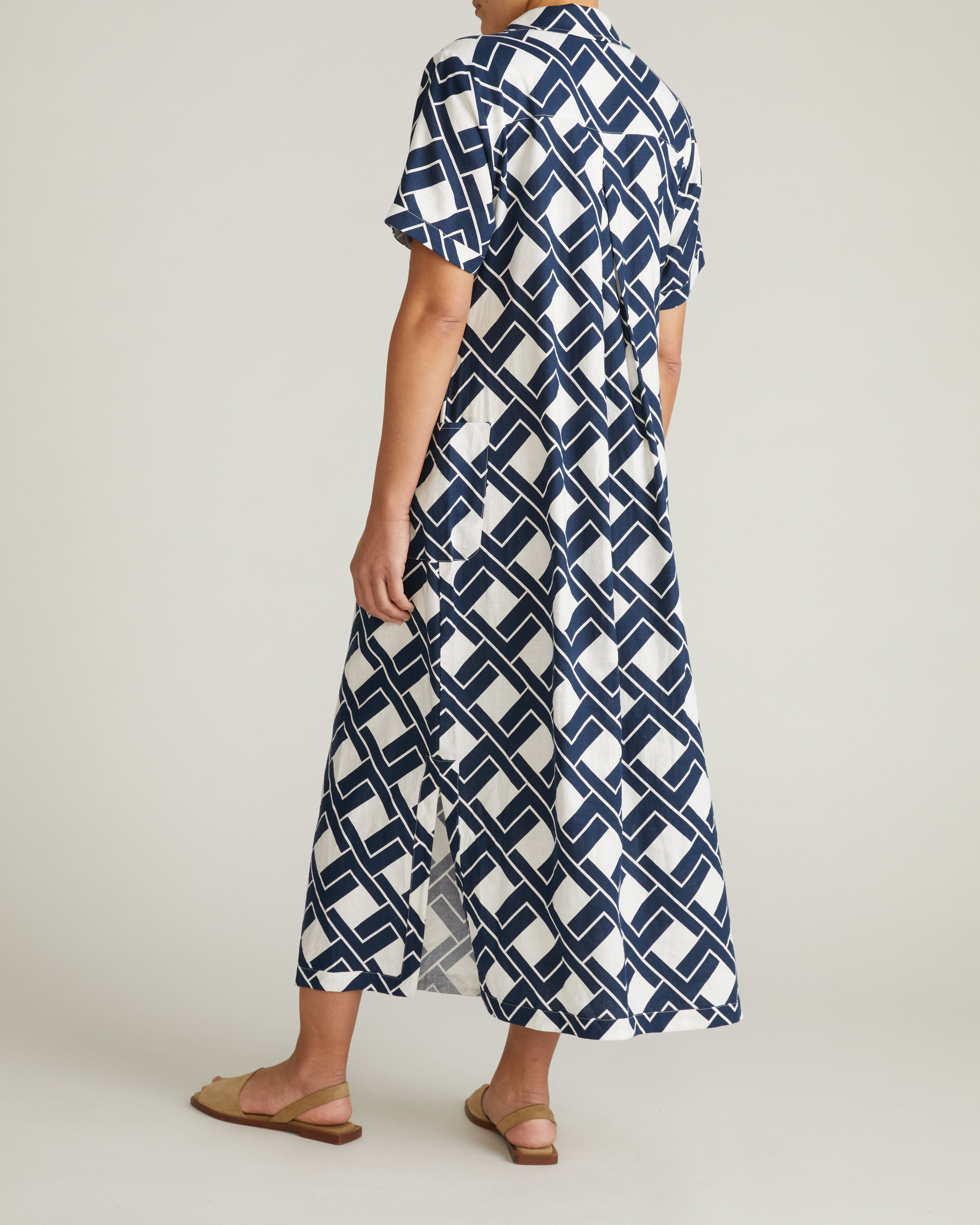 Padma Polo Neck Linen Blend Dress - Geometrica Print