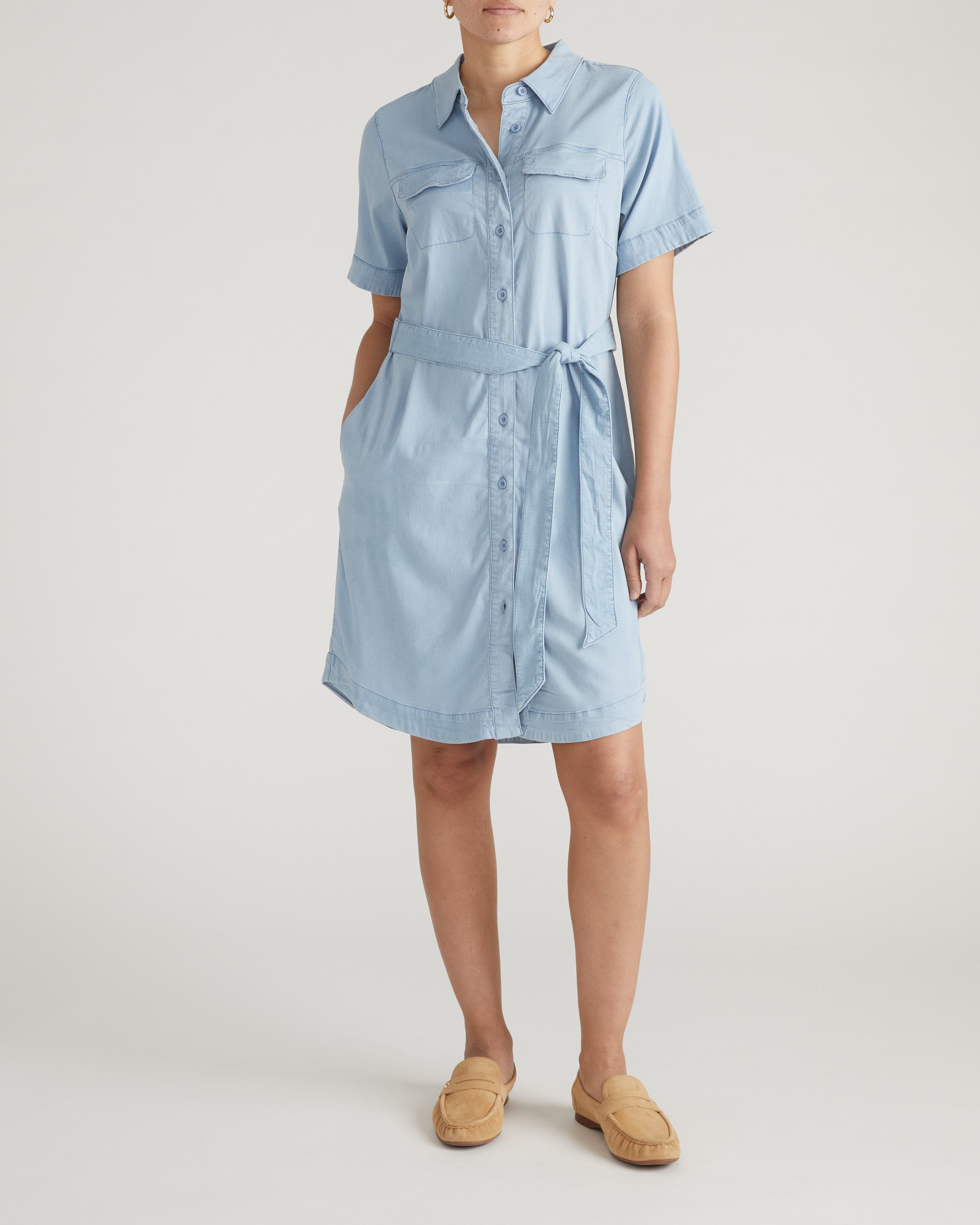 Perfect Tencel Chambray Short Sleeve Shirtdress - Morning Blue