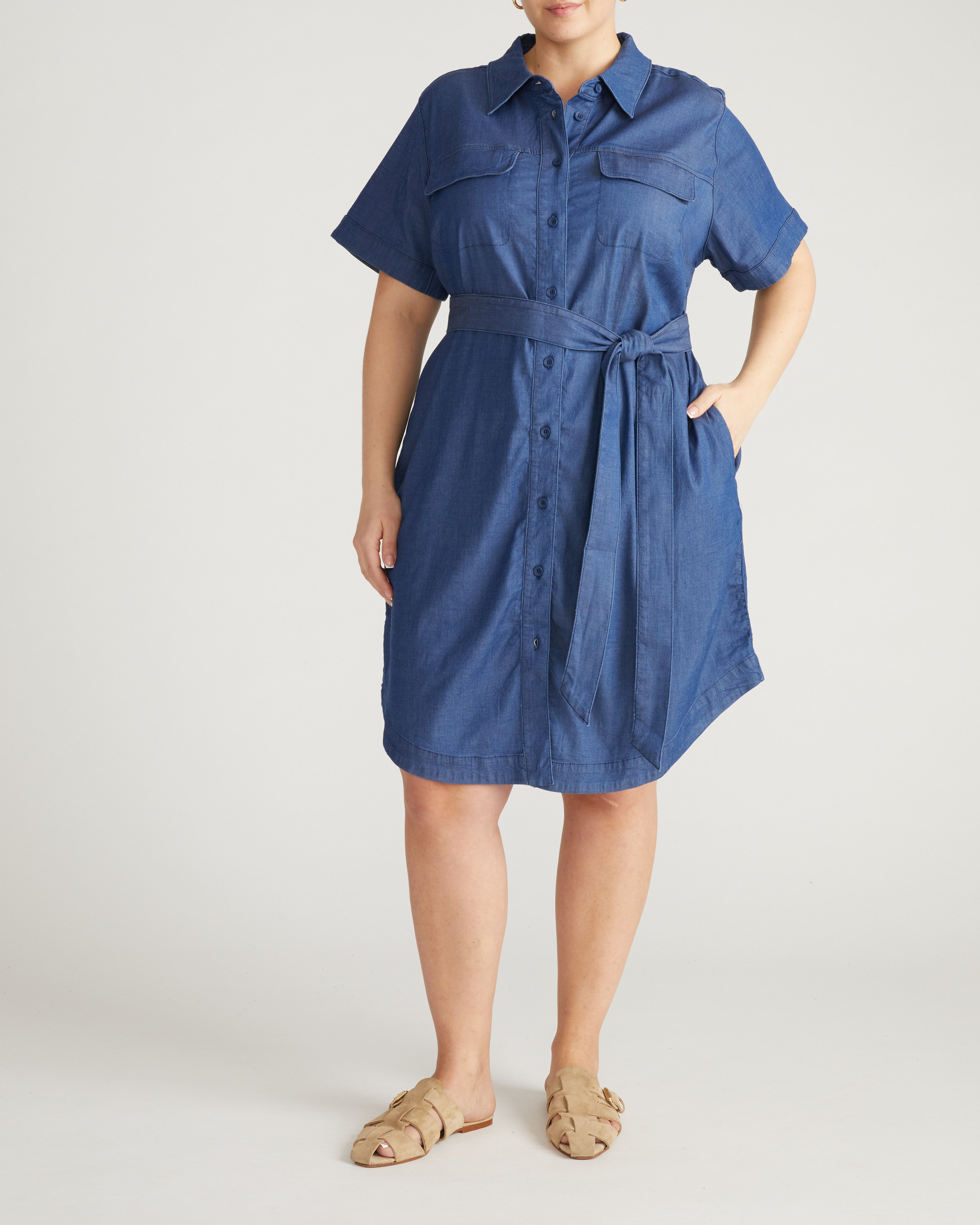 Perfect Tencel Chambray Short Sleeve Shirtdress - Midnight Blue