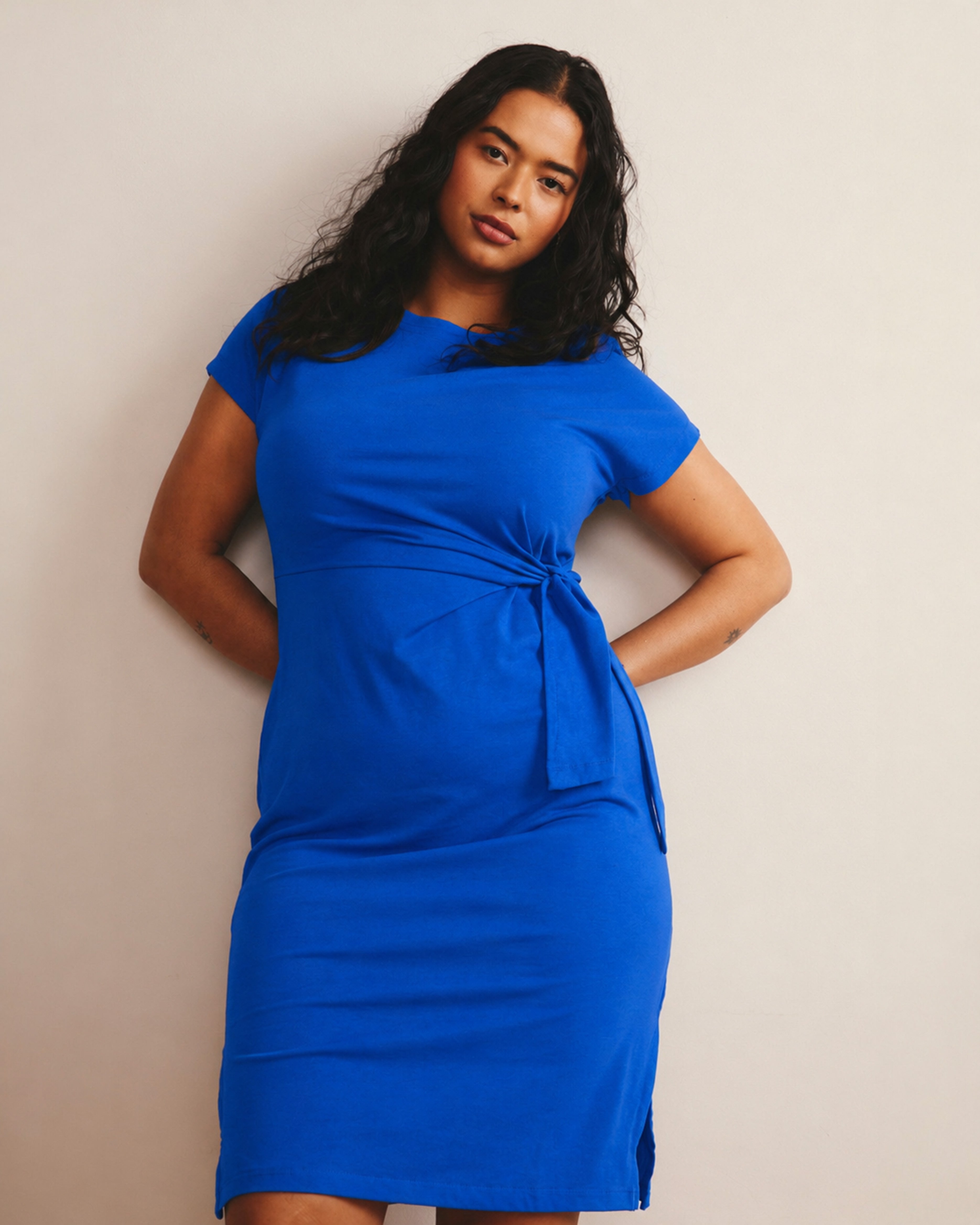 Crescent Breton Stripe Knot Dress - Solid Ultramarine