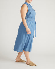 Perfect Tencel Chambray Sleeveless Savannah Shirtdress - Cove Blue