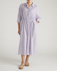 Paros Drawstring Linen Blend Shirtdress - Lilac Stripe Print
