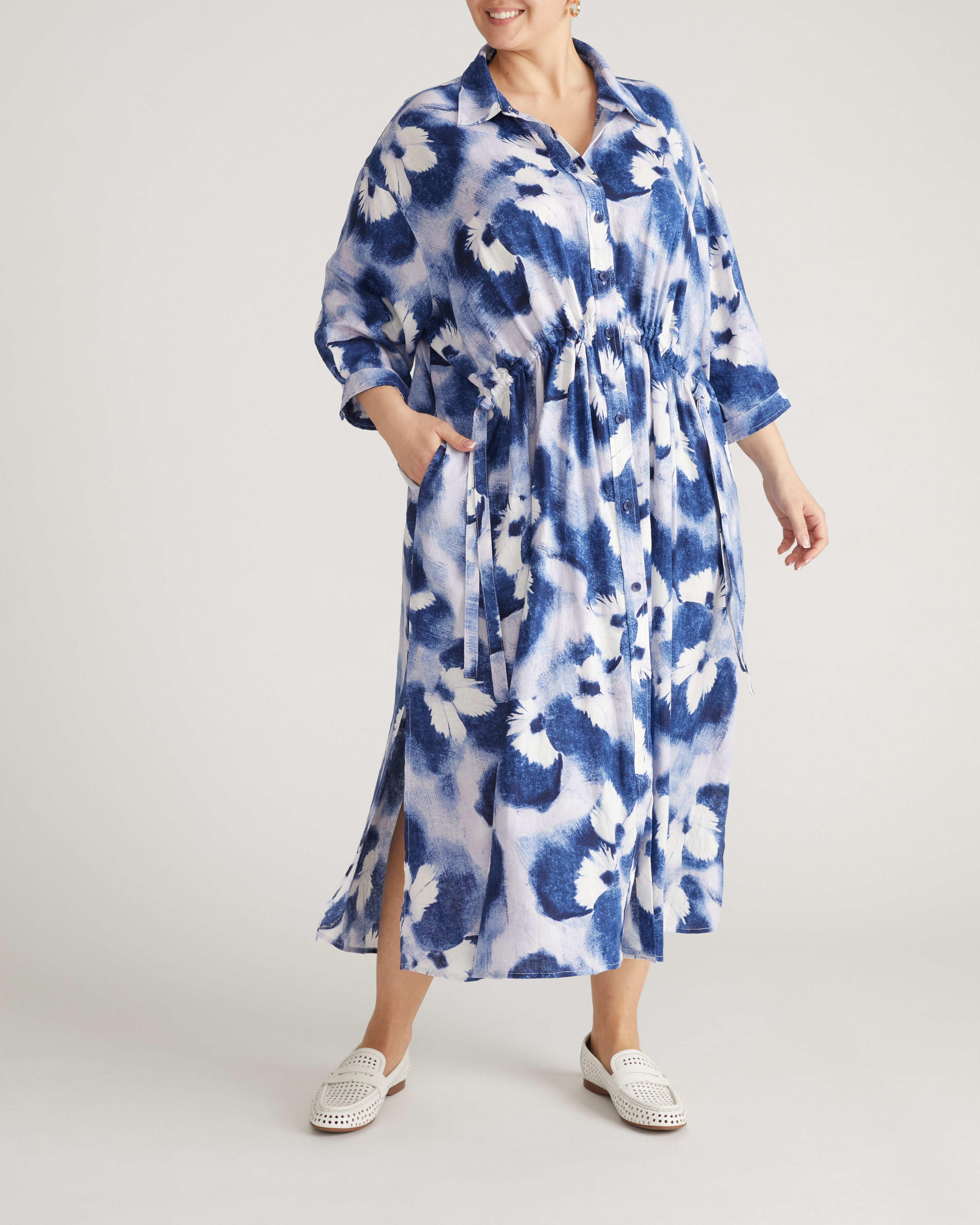 Paros Drawstring Linen Blend Shirtdress - Blue Pressed Flower Print