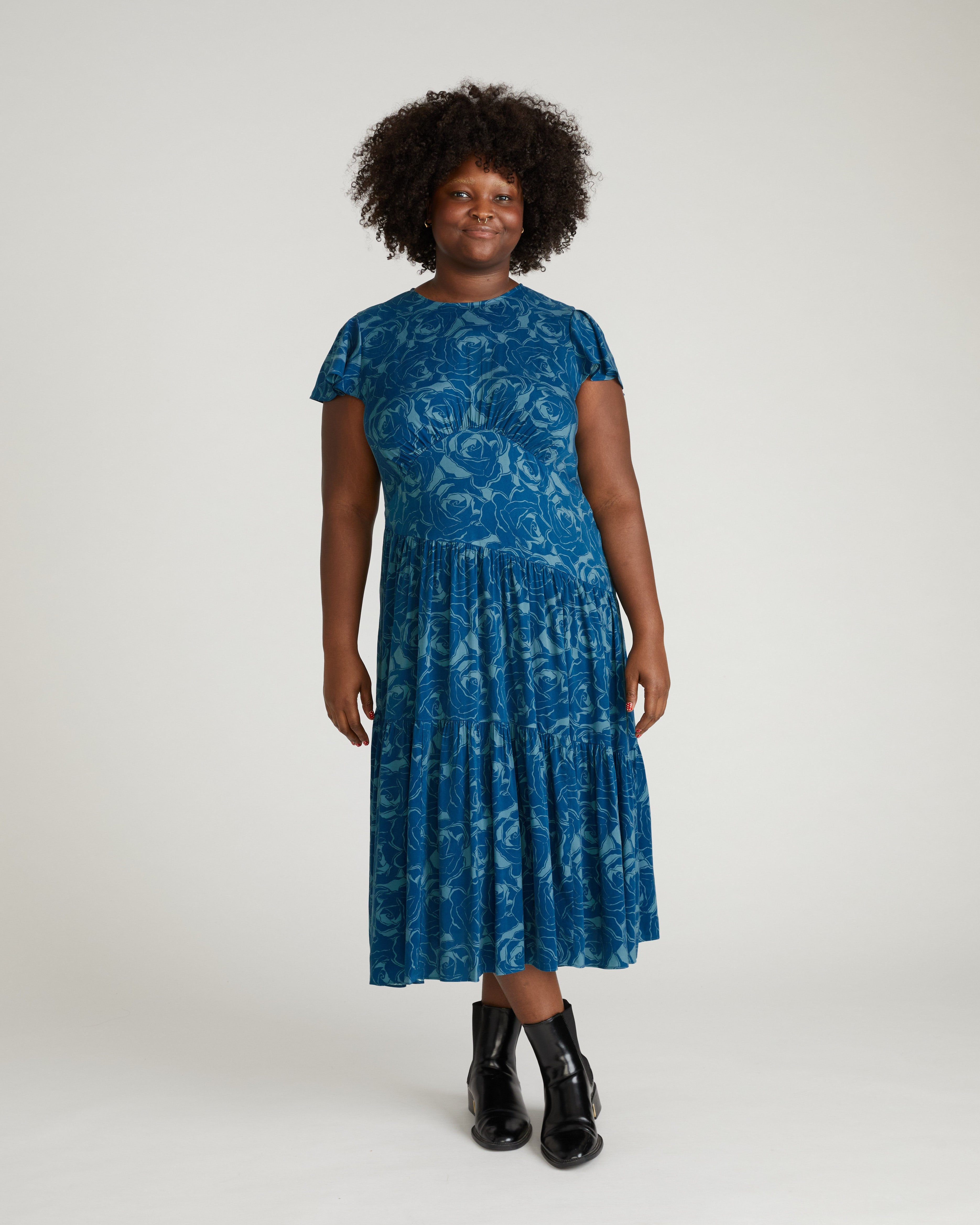 Mariella Stretch Cupro Dress - Rose Print in Deep Teal