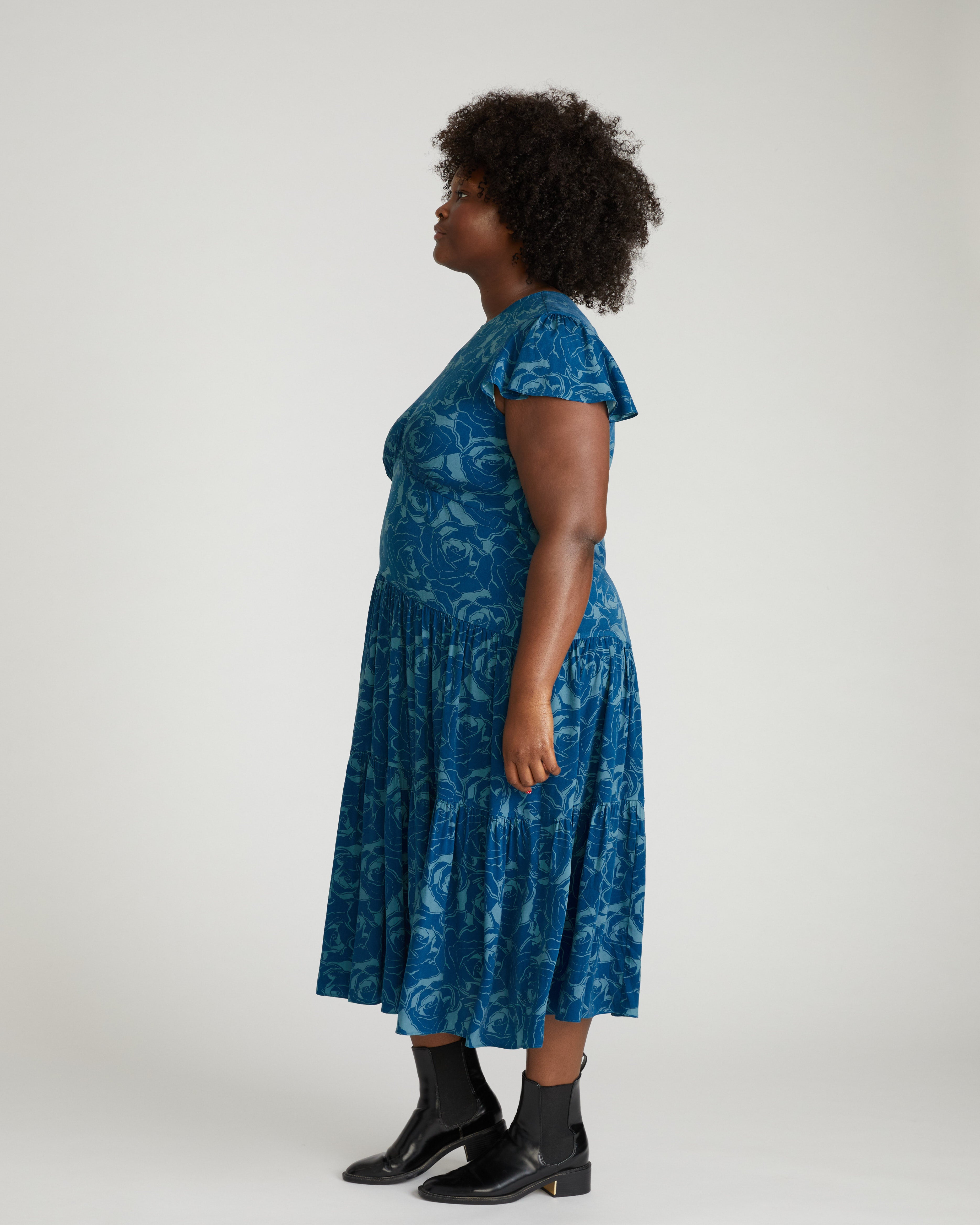 Mariella Stretch Cupro Dress - Rose Print in Deep Teal