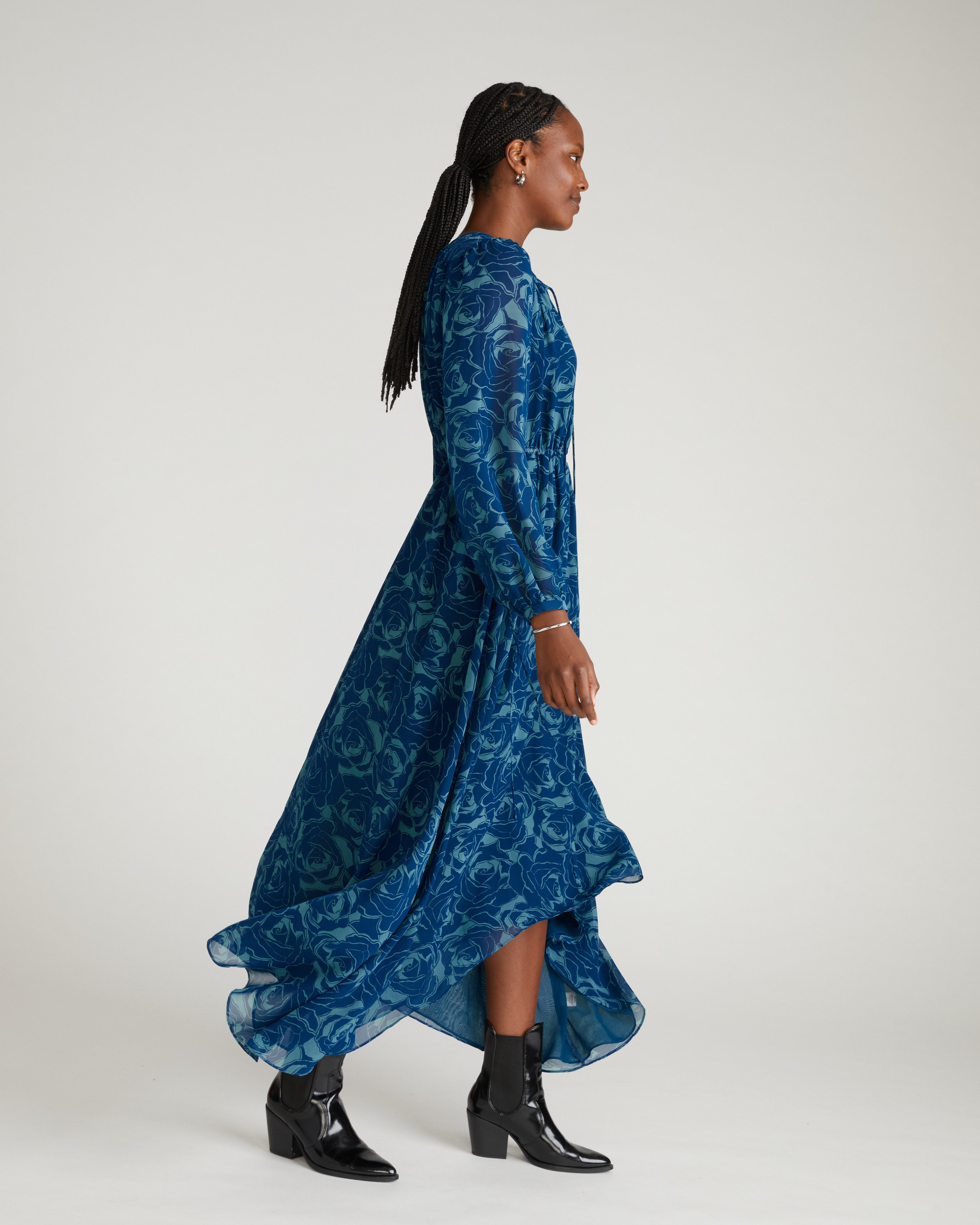 Karina Chiffon Dress - Rose Print in Deep Teal