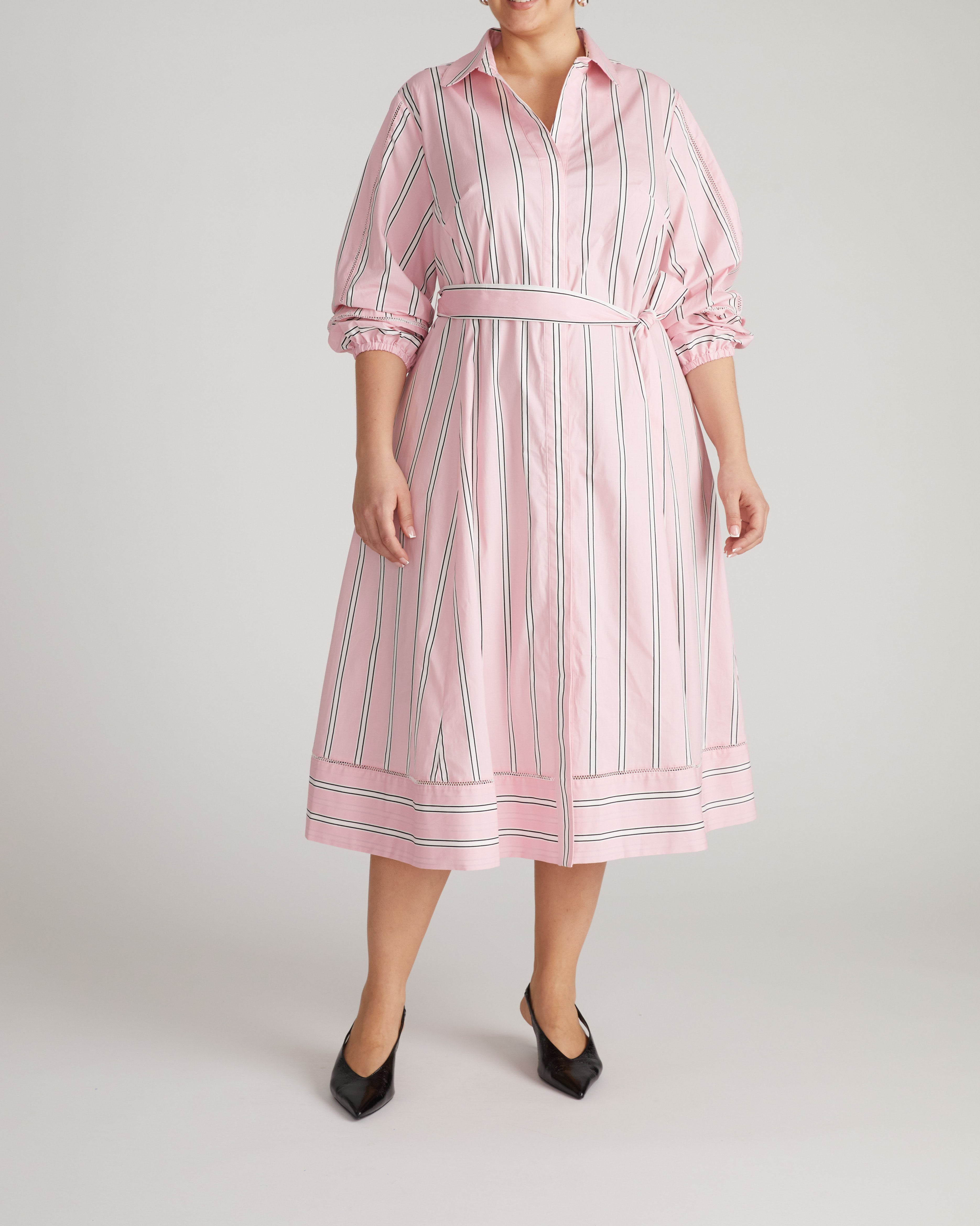 Claire Stretch Poplin Shirtdress - Pink Horizon Stripe