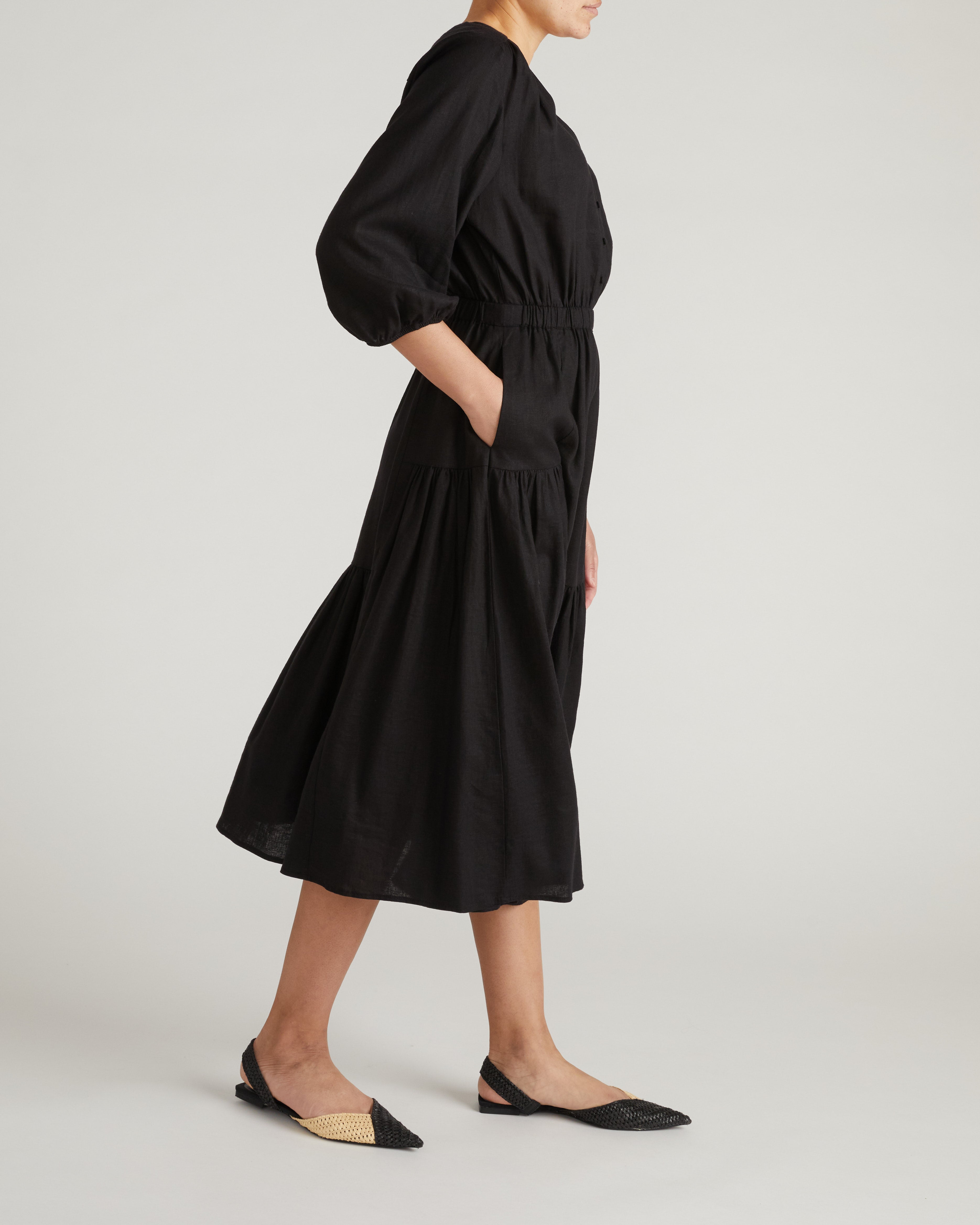 Sorrento Linen Blend Midi Dress - Black
