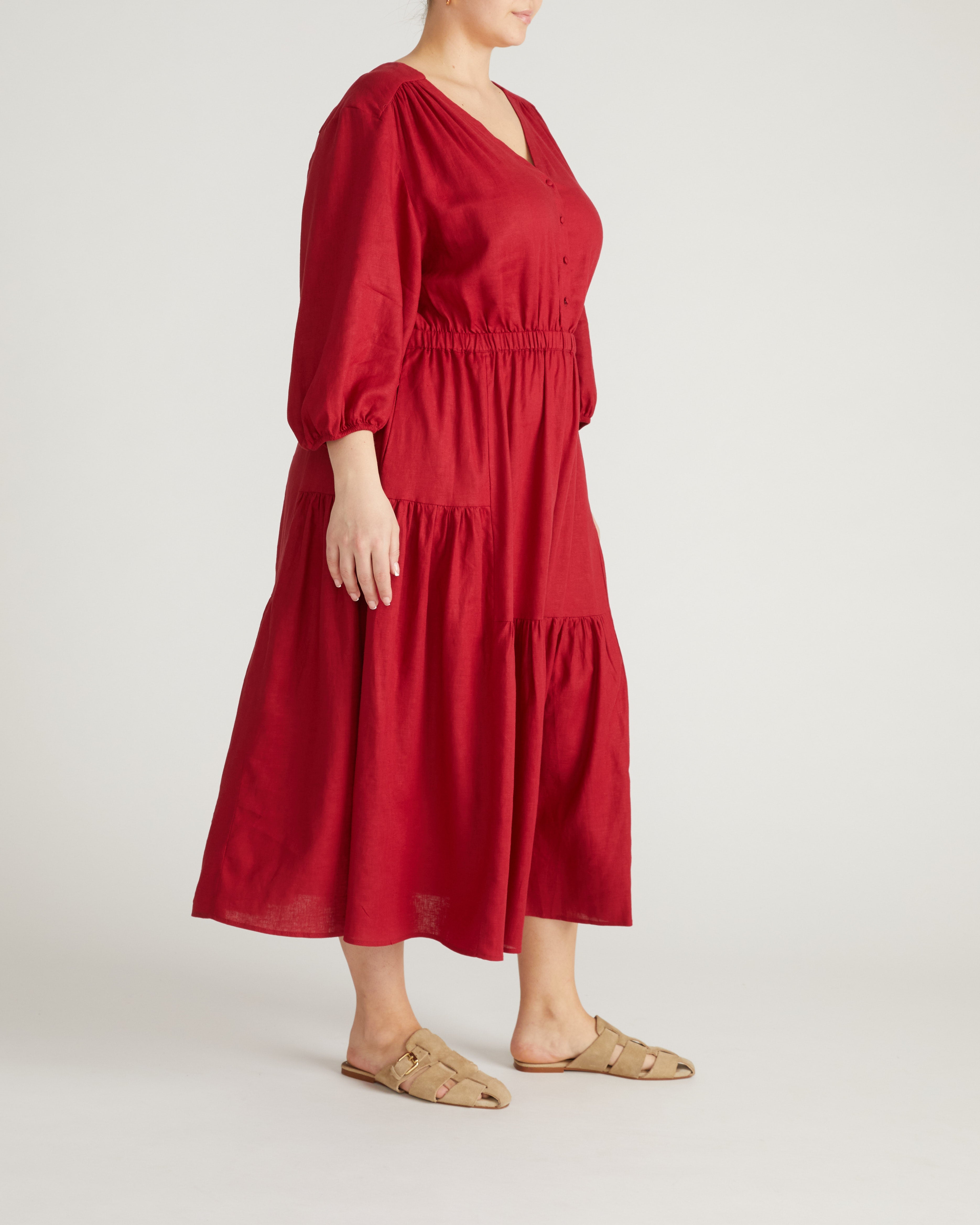 Sorrento Linen Blend Midi Dress - Vibrant Red