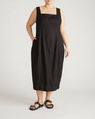 Saulay Square Neck Linen Blend Midi Dress - Black