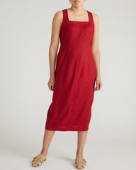 Saulay Square Neck Linen Blend Midi Dress - Vibrant Red