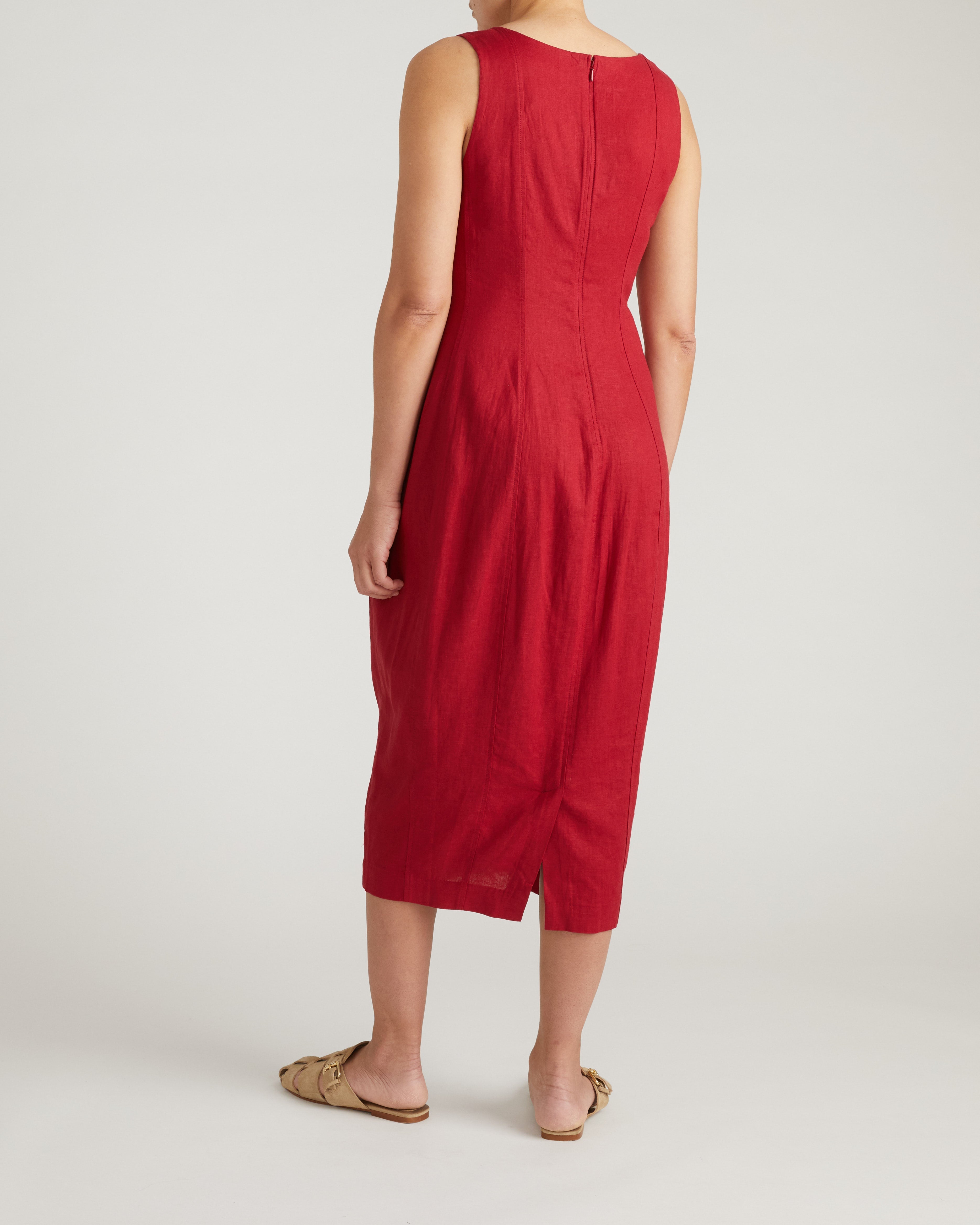 Saulay Square Neck Linen Blend Midi Dress - Vibrant Red