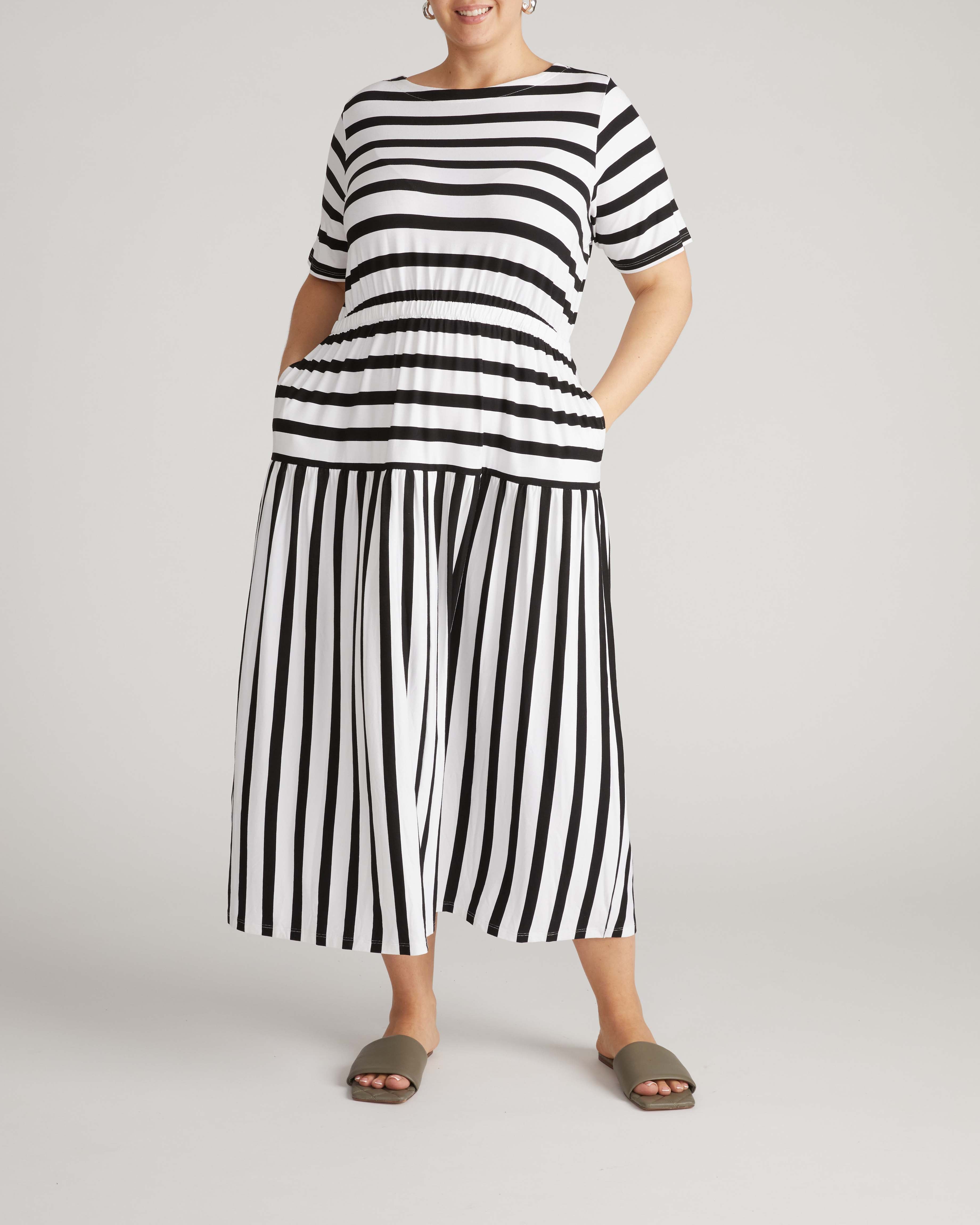 Thea Divine Jersey Midi Dress - Black/White Stripe