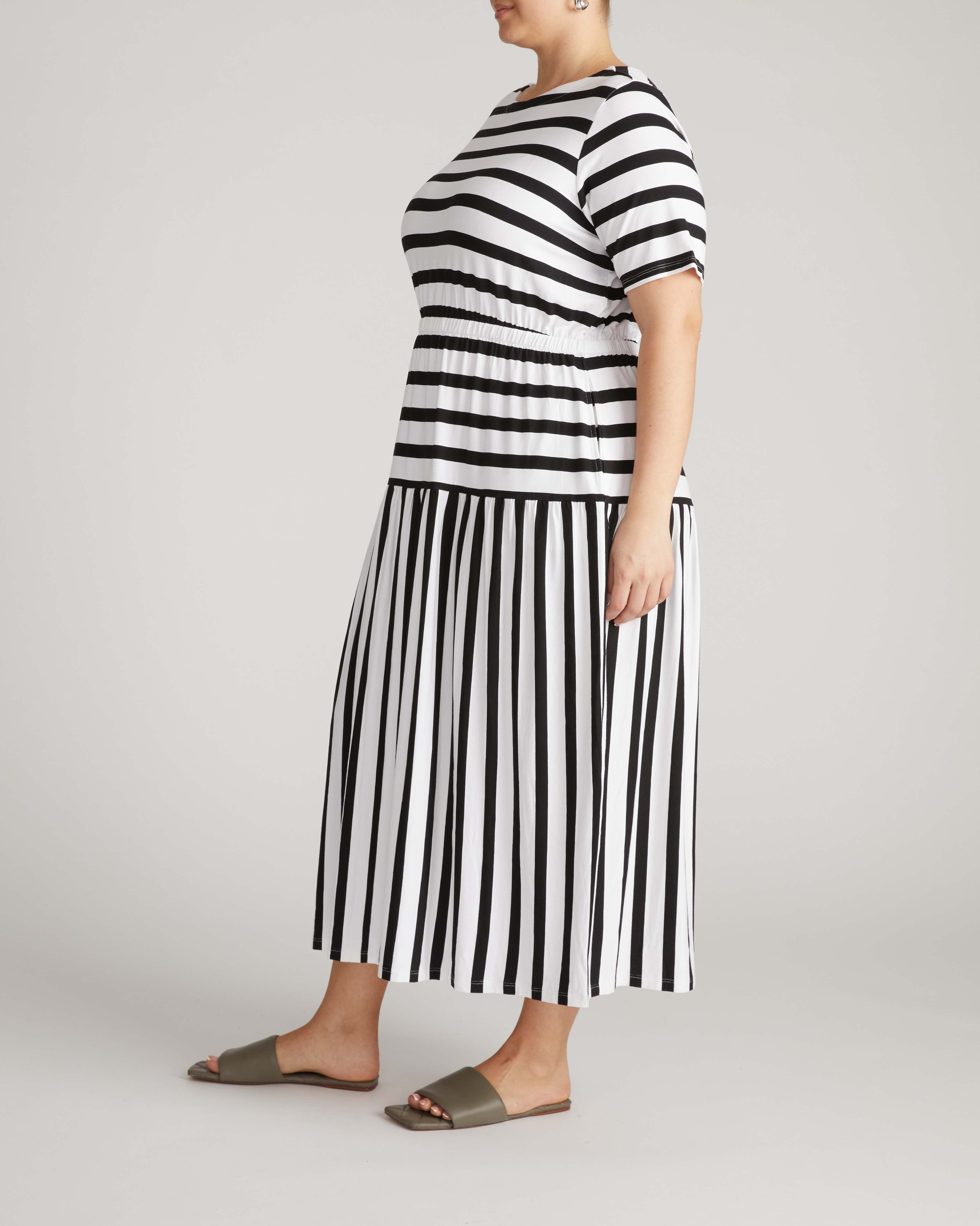 Thea Divine Jersey Midi Dress - Black/White Stripe