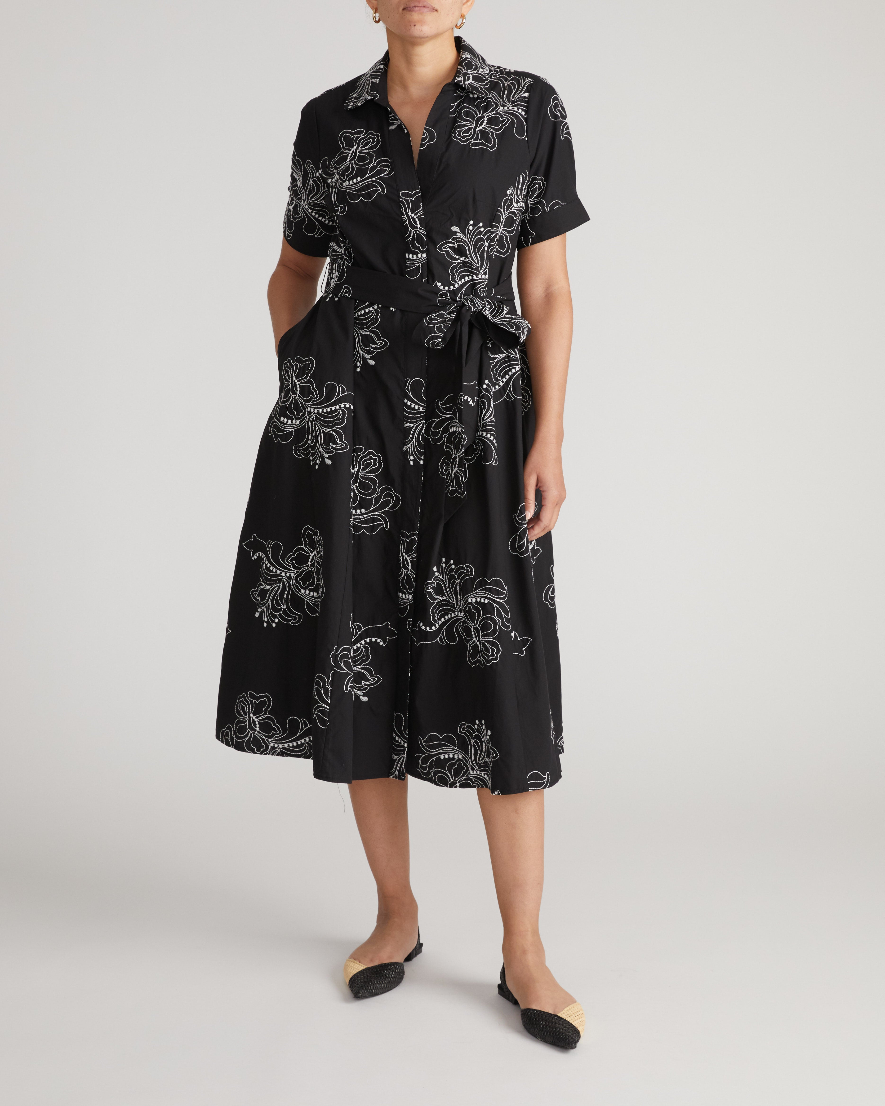 Tina Cotton Poplin Shirtdress - Hibiscus Embroidery