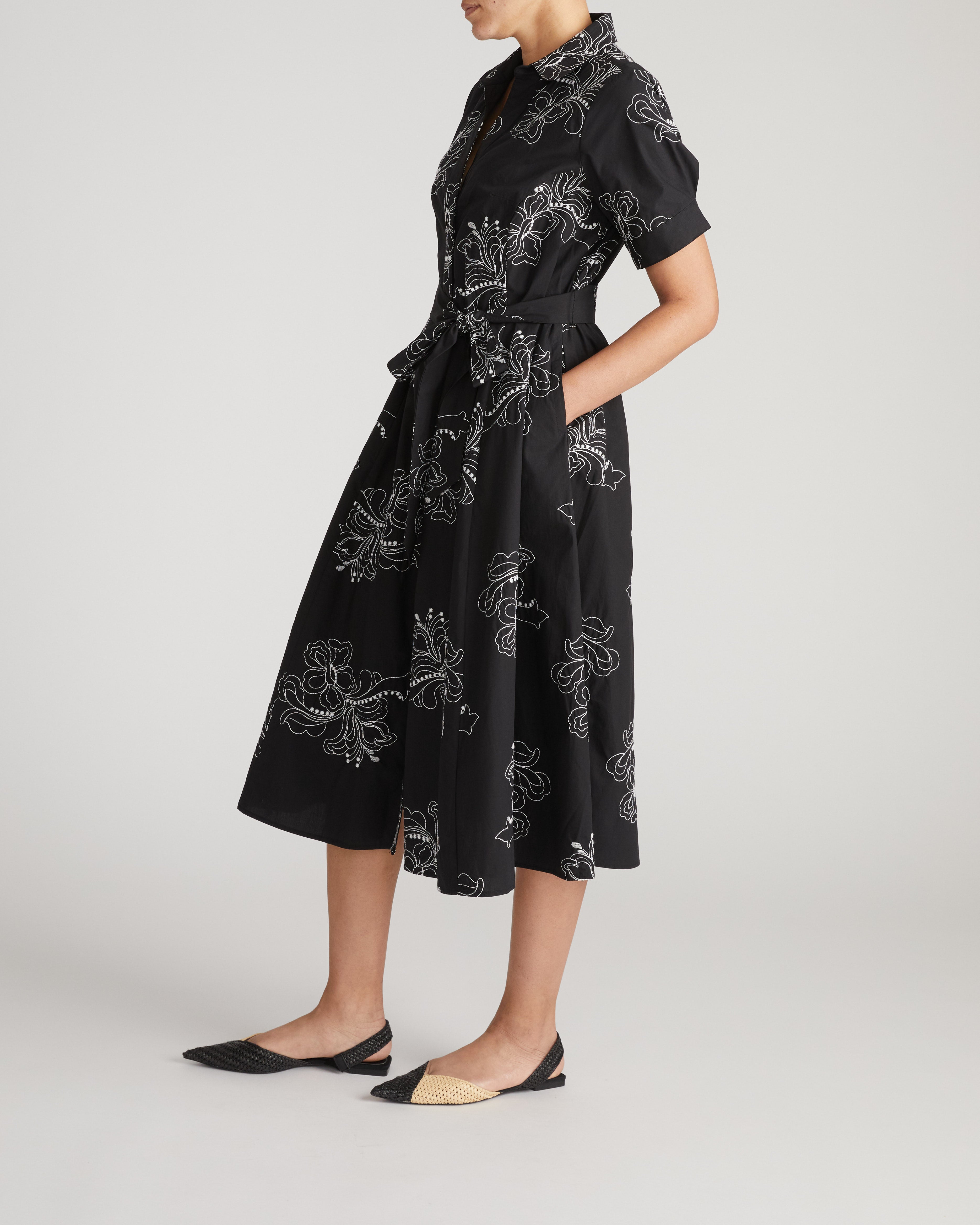 Tina Cotton Poplin Shirtdress - Hibiscus Embroidery