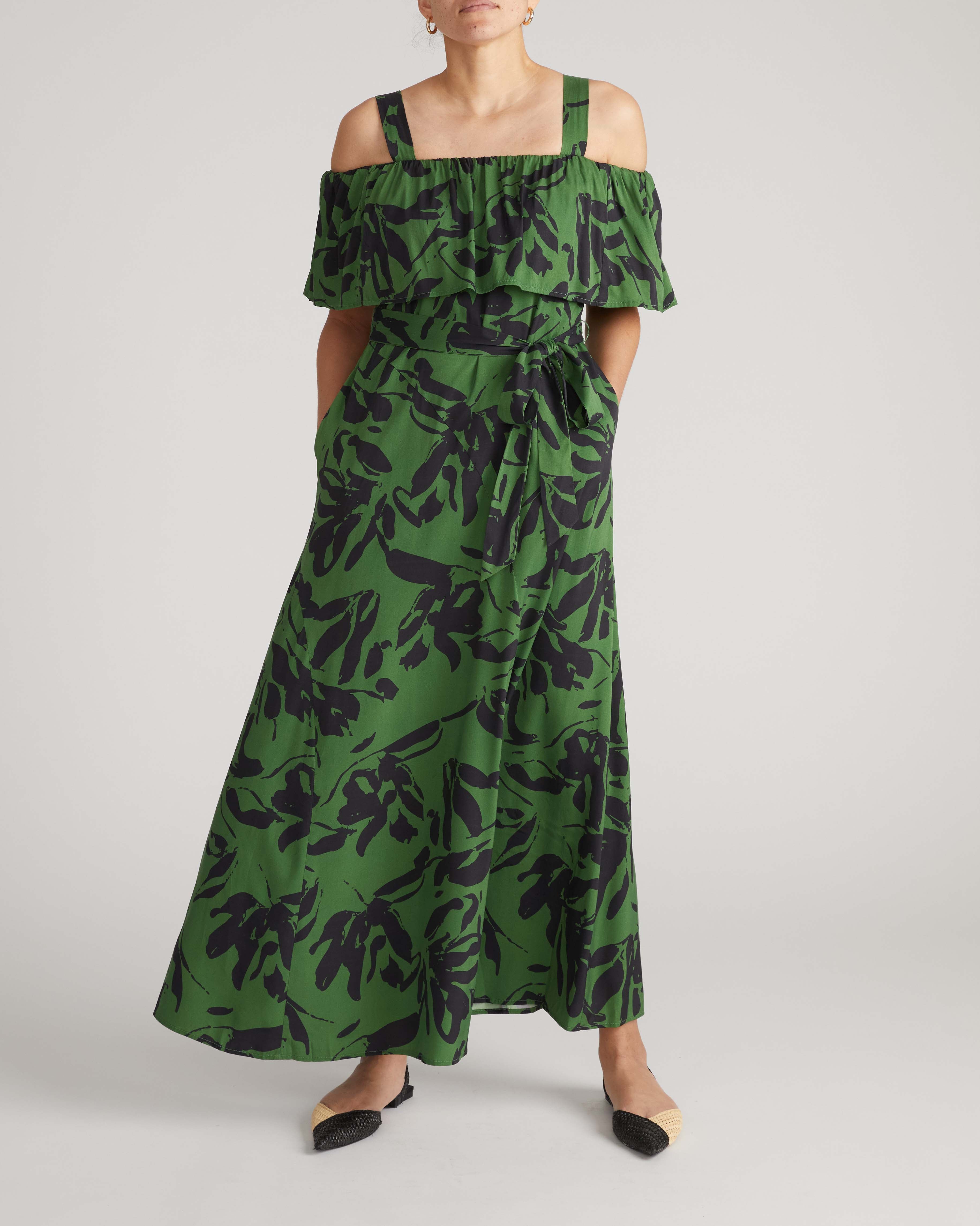 Lisbon Convertible Stretch Cupro Maxi Dress - Green Sgraffito Print