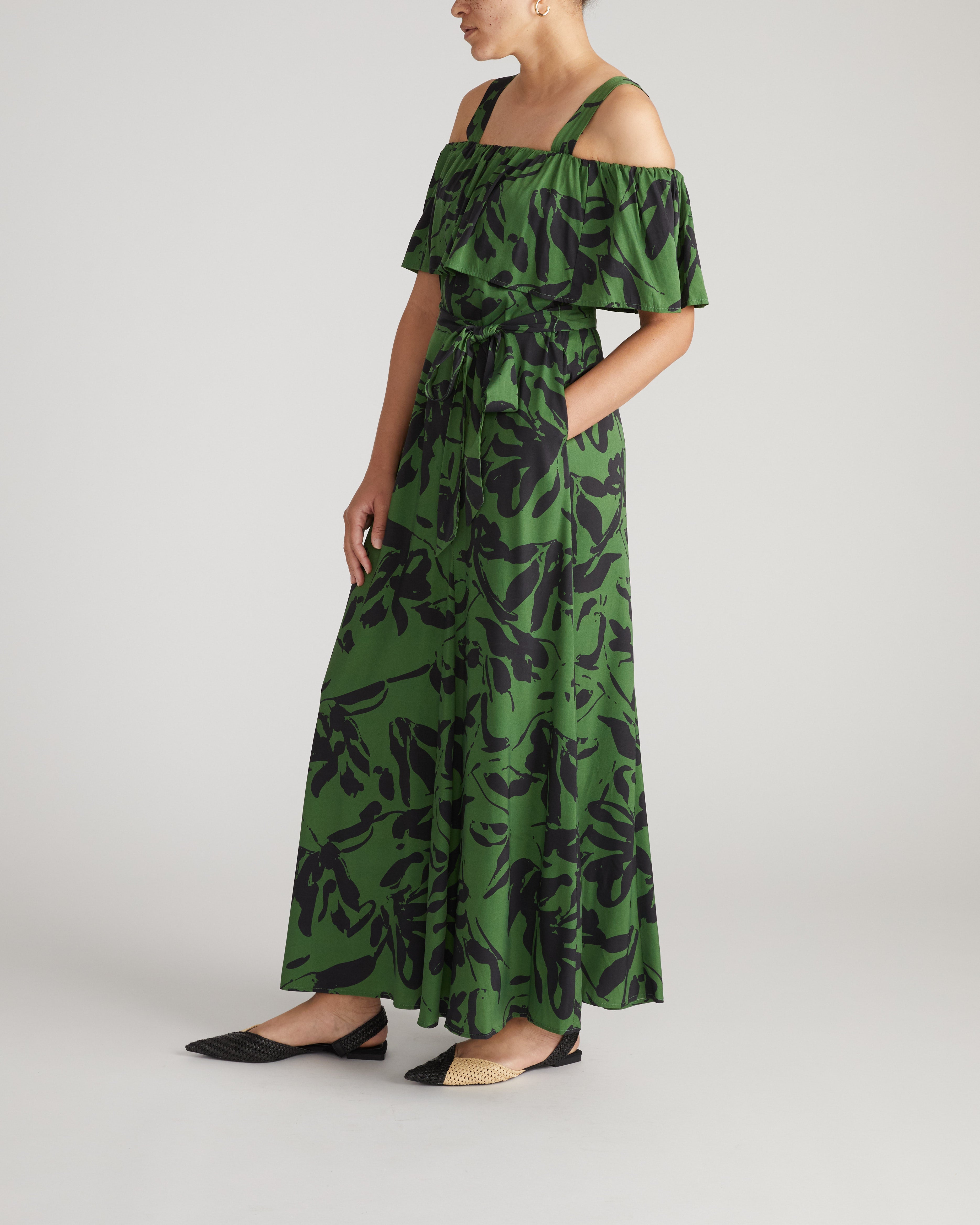 Lisbon Convertible Stretch Cupro Maxi Dress - Green Sgraffito Print